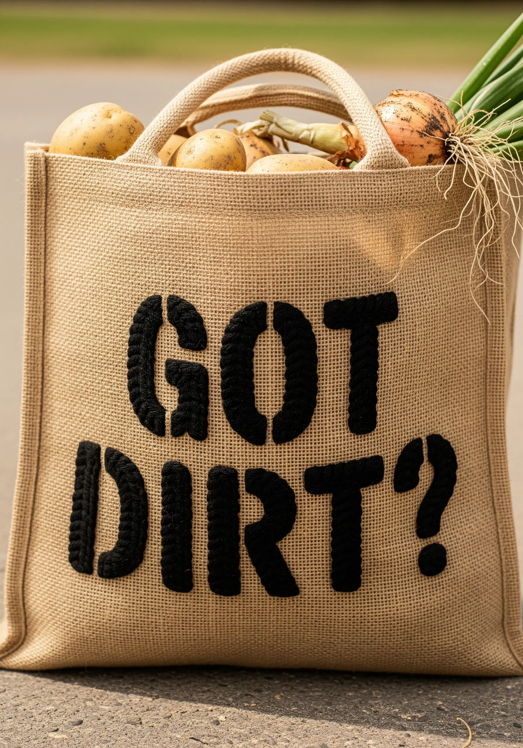 Burlap tote bag with the phrase 'Got Dirt?' in thick, chunky black yarn.