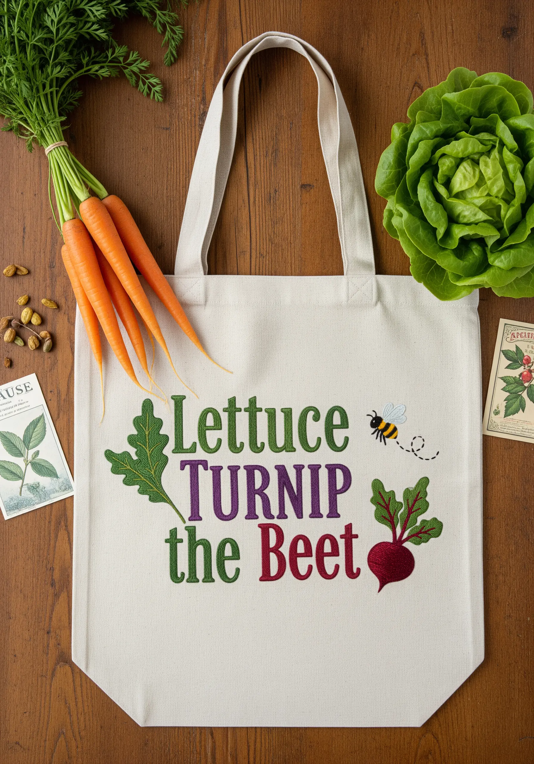 Tote bag embroidered with a colorful quote 'Lettuce Turnip the Beet' and vegetable motifs.