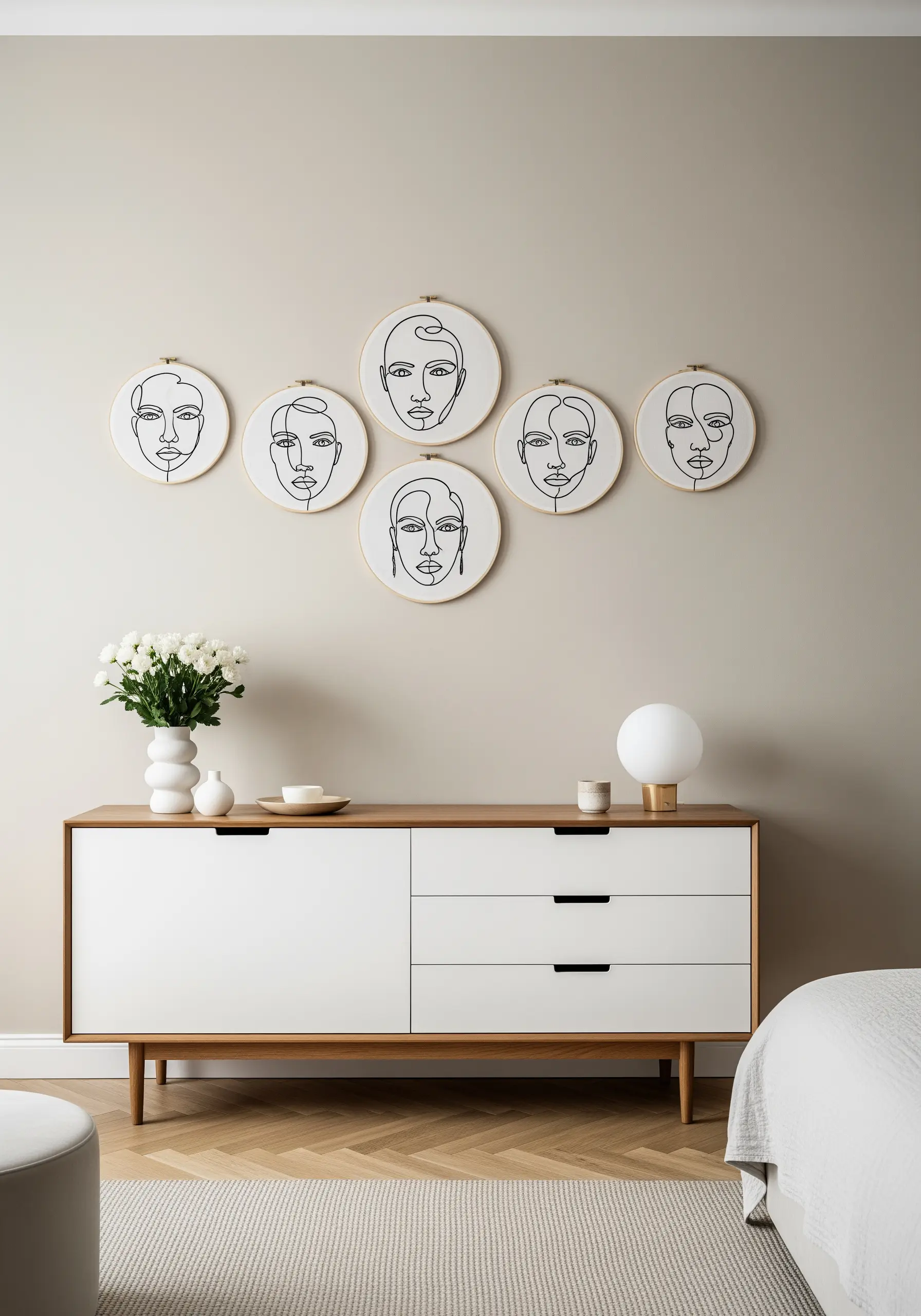 A series of six embroidery hoops, each featuring a minimalist continuous line art portrait.