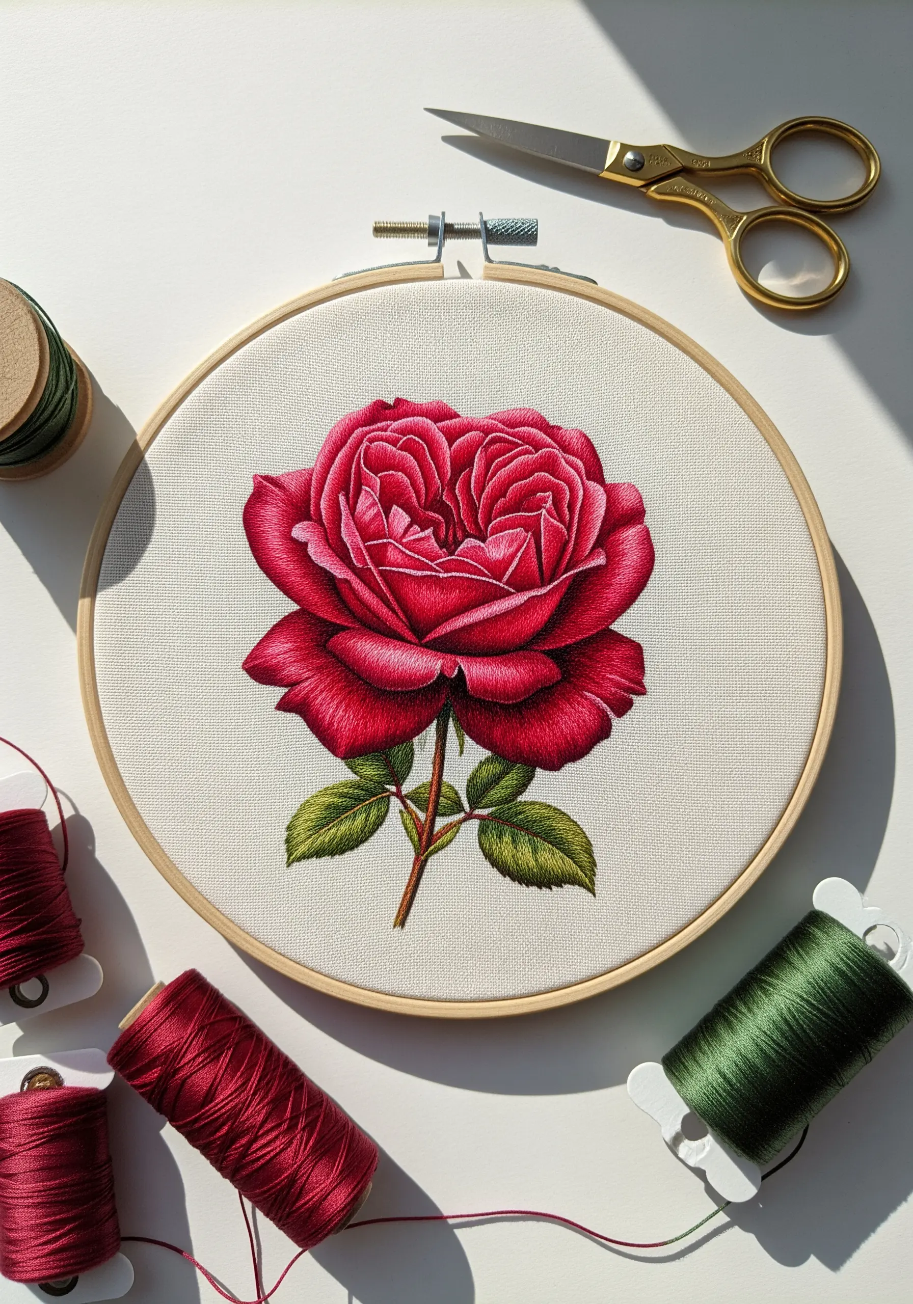 Hyper-realistic red rose embroidered with detailed thread painting and subtle color gradients.