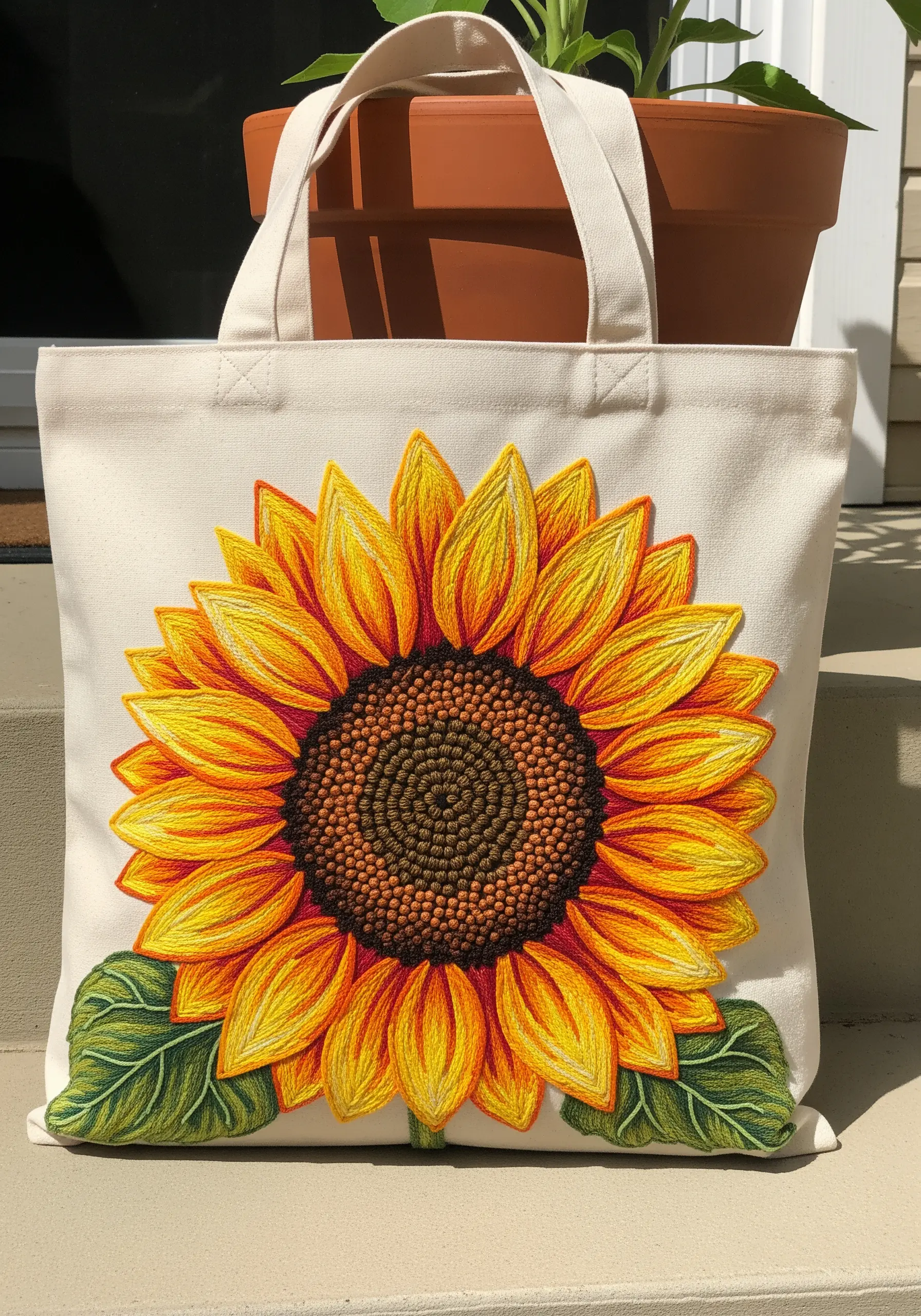 A large, realistically thread-painted sunflower with textured center on a canvas tote bag.