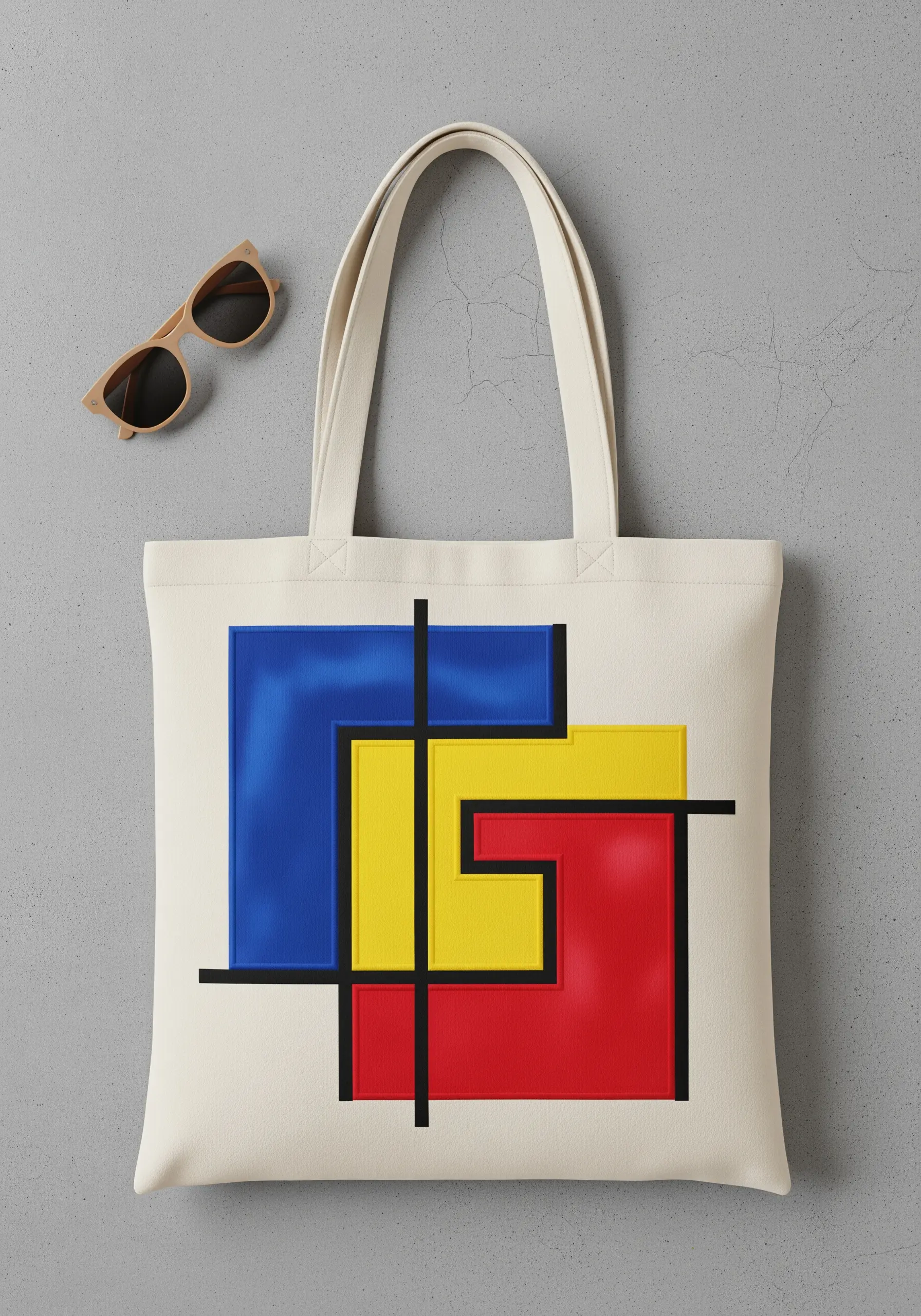 Abstract geometric color blocks in blue, yellow, and red on a canvas tote bag.