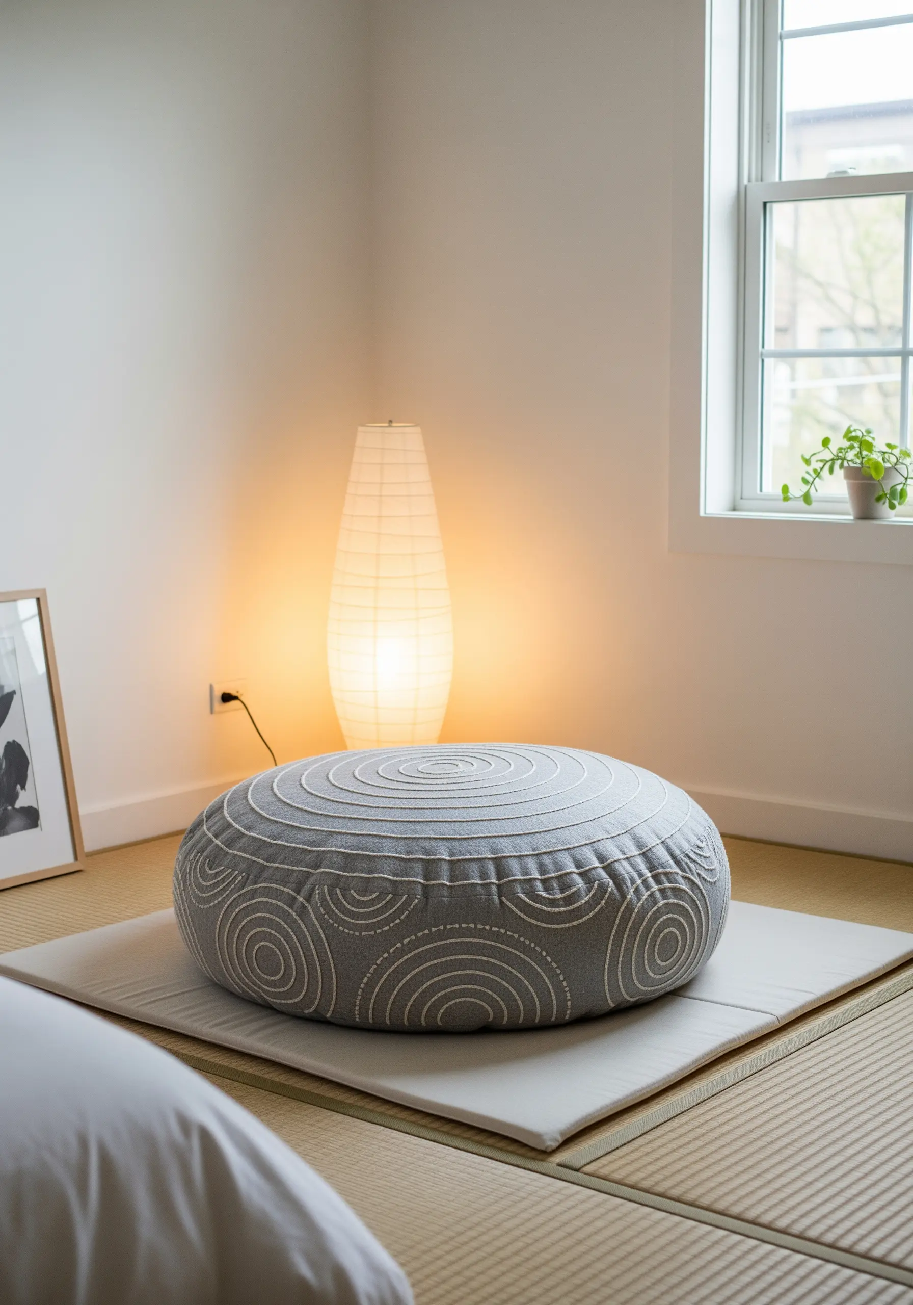 Concentric circle pattern stitched onto a round grey meditation cushion.