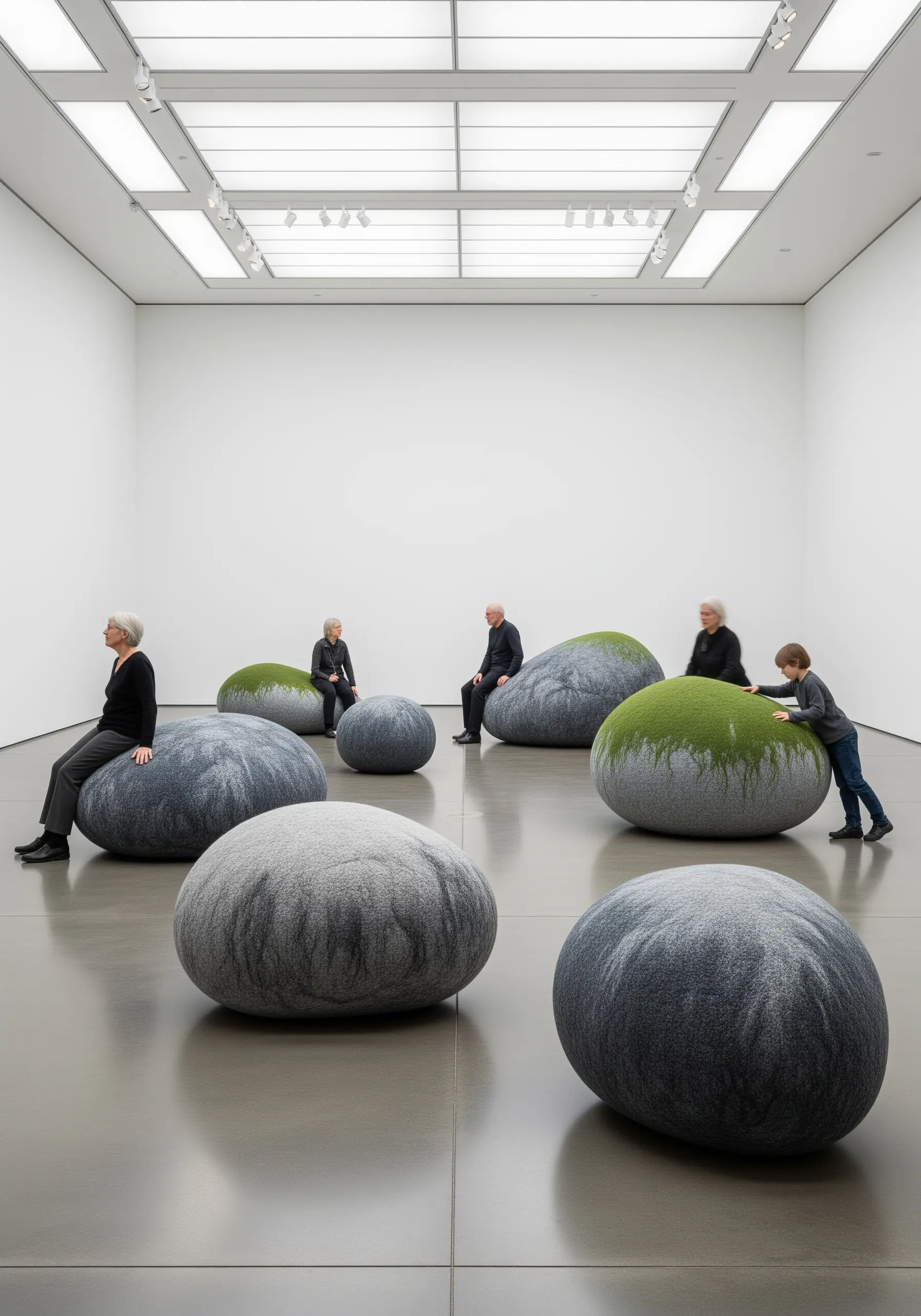 Large, grey, felted stones with patches of green mossy texture, used as seating in a gallery.