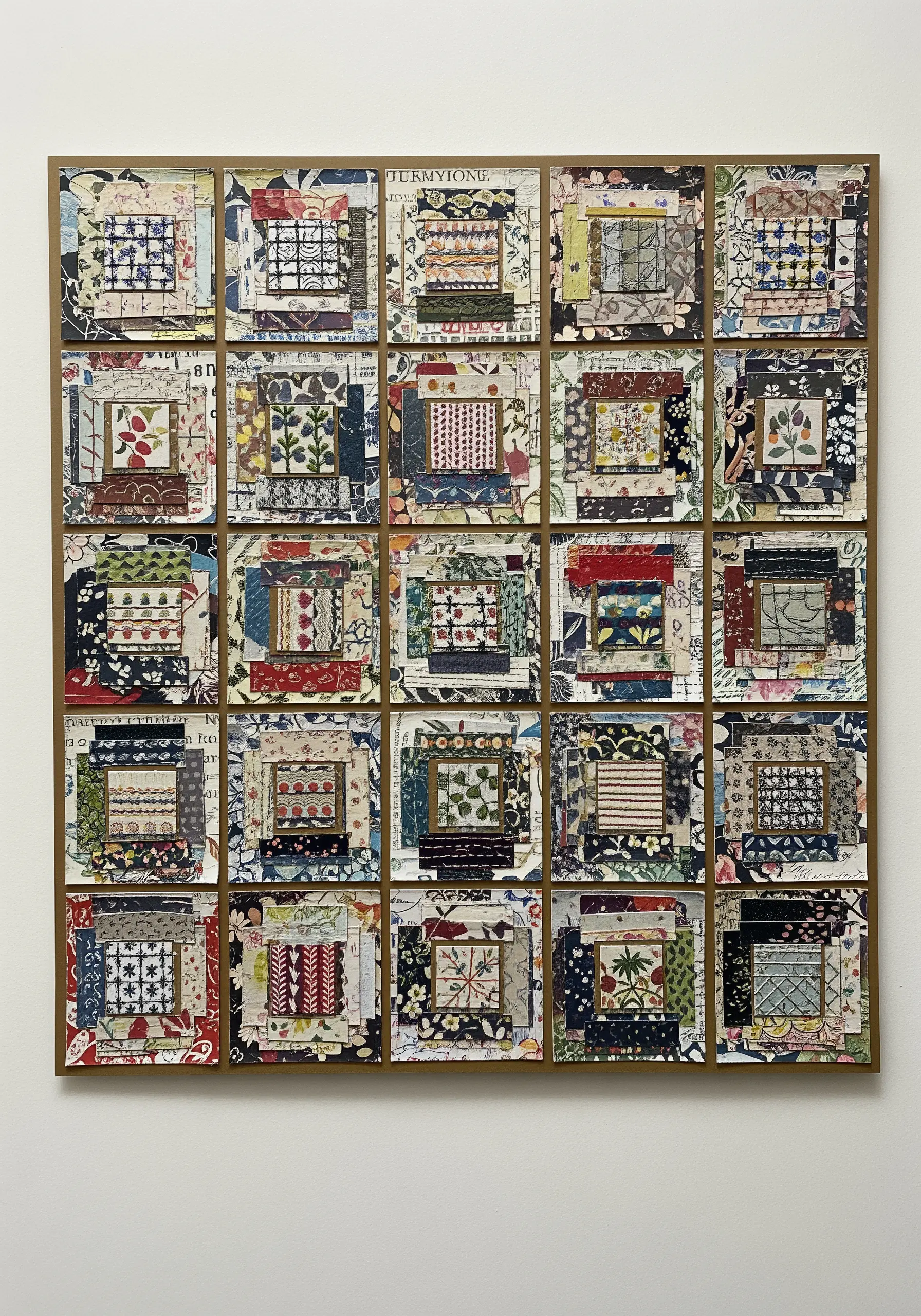 A grid of 25 paper collage squares designed to look like traditional log cabin quilt blocks.