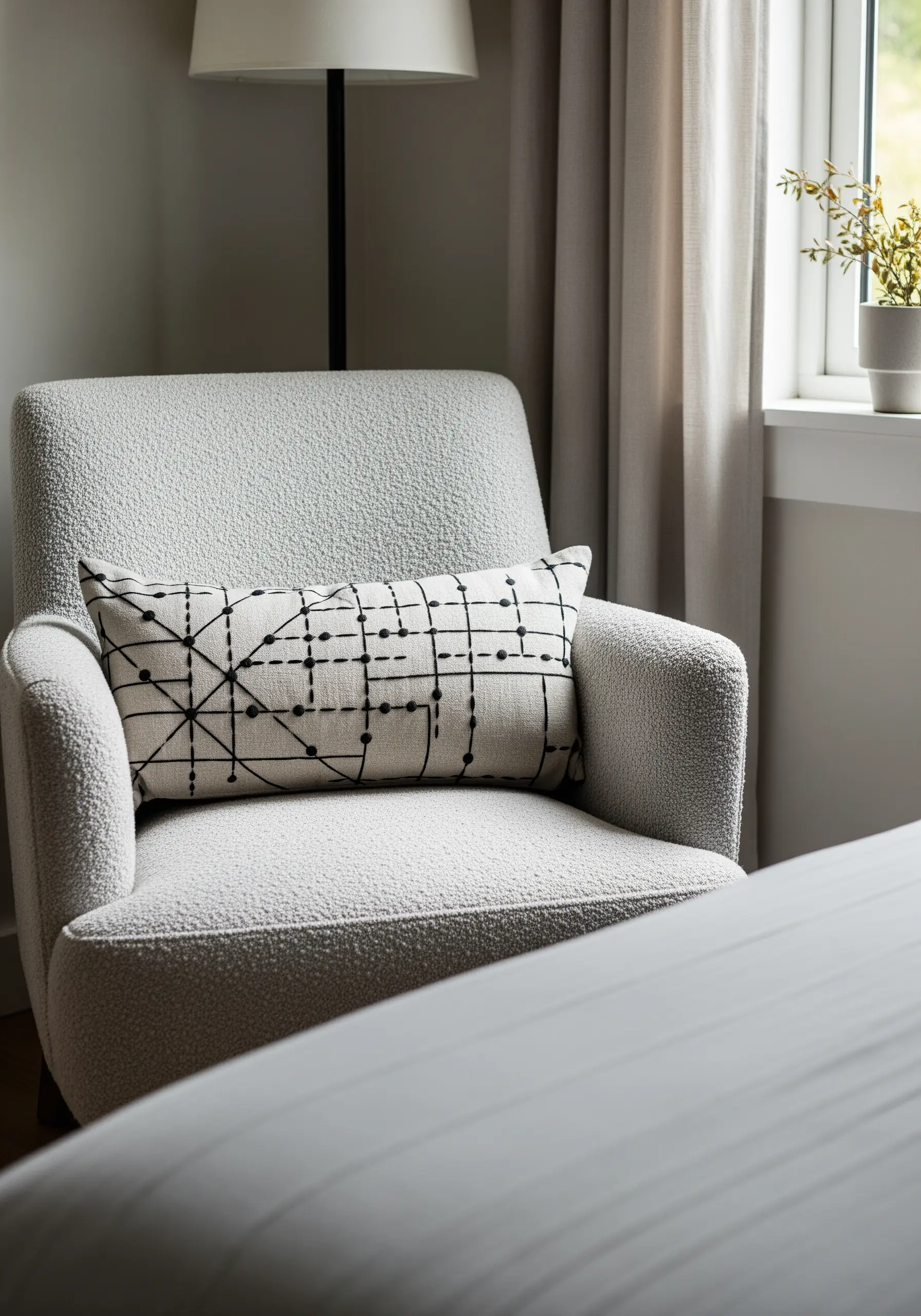 Abstract black grid pattern with small dot details embroidered on a lumbar pillow.