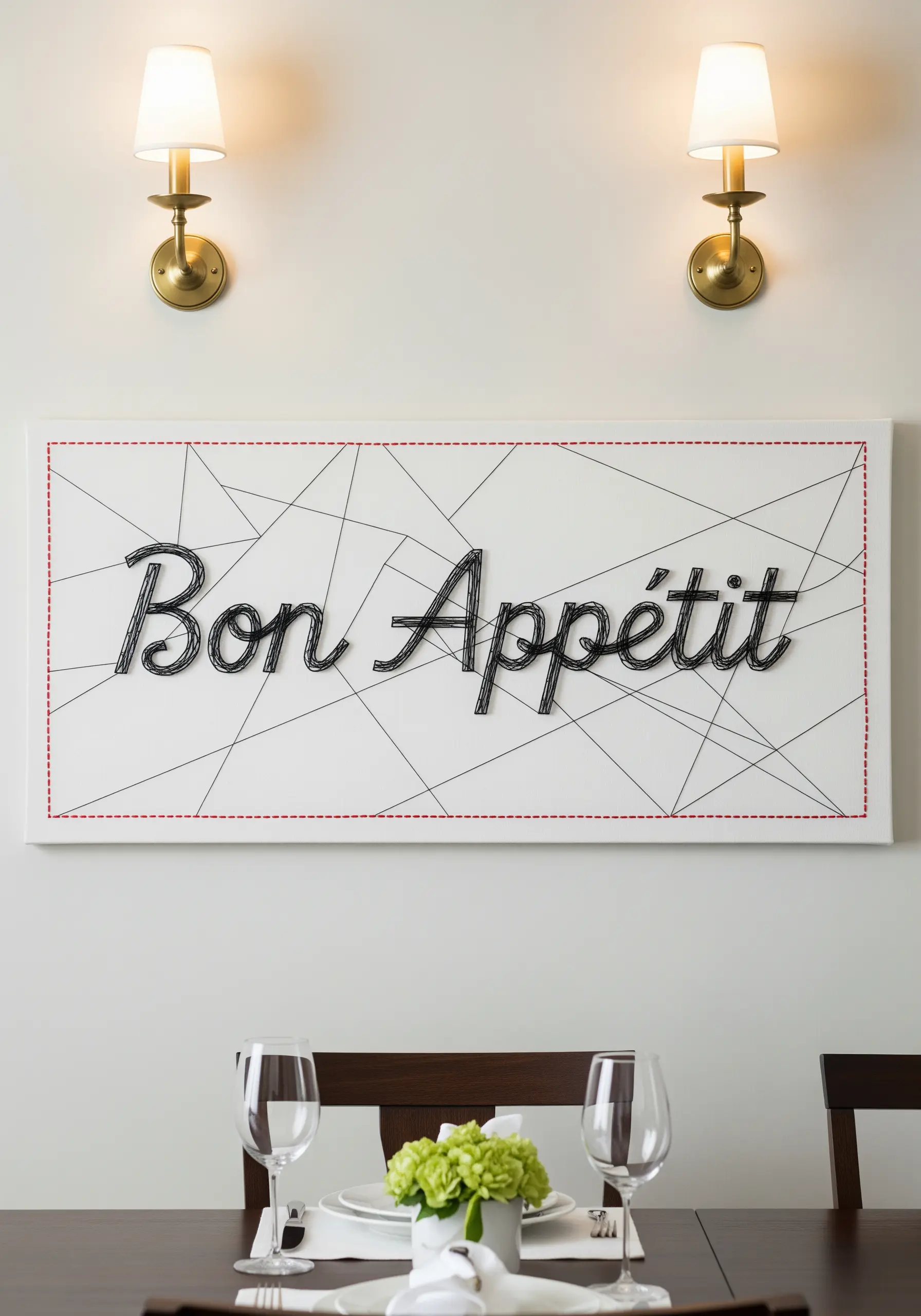 Cursive 'Bon Appétit' couched in black thread on a white canvas with abstract lines.