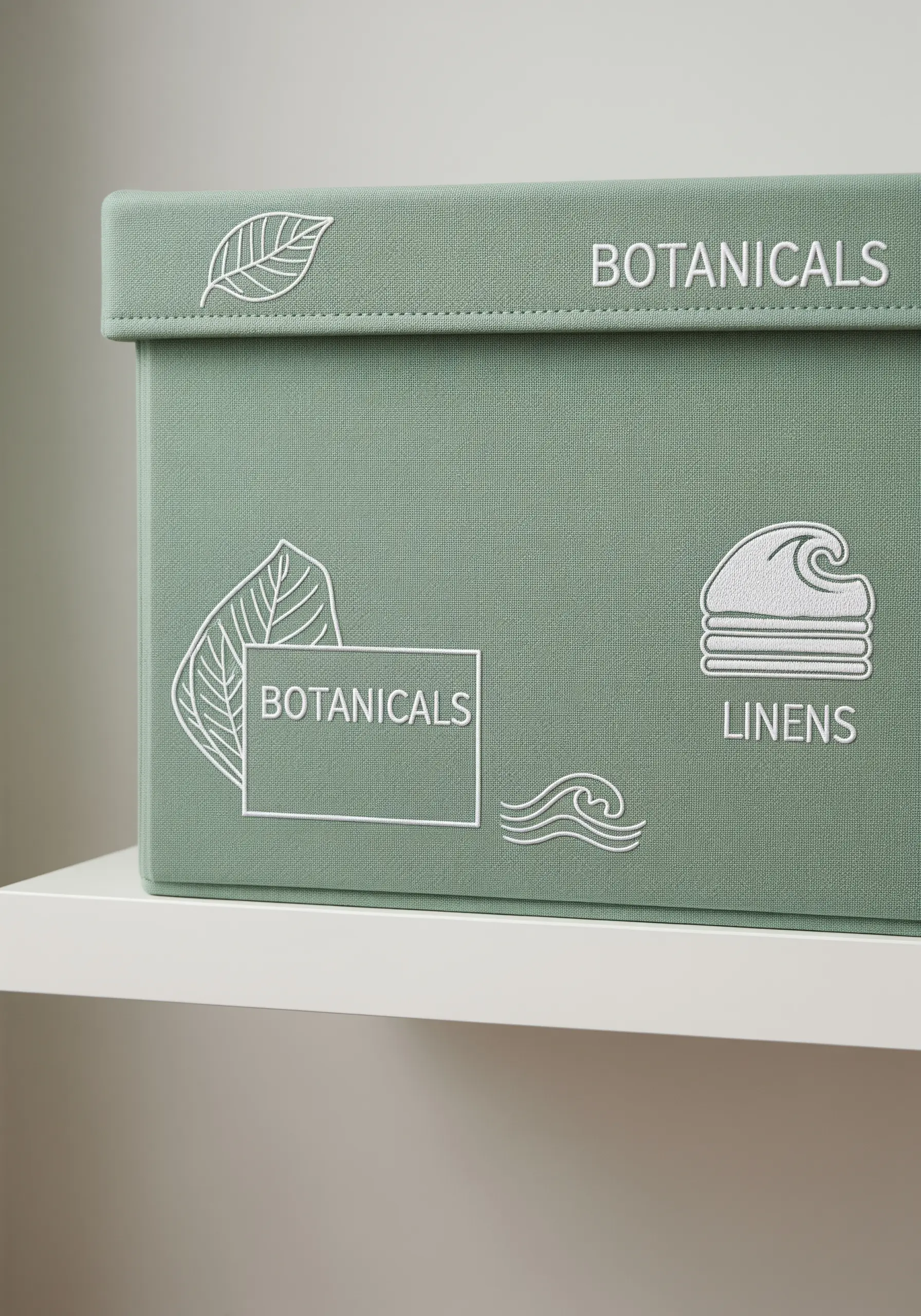 White line-art leaf and wave icons with text embroidered on green storage boxes.