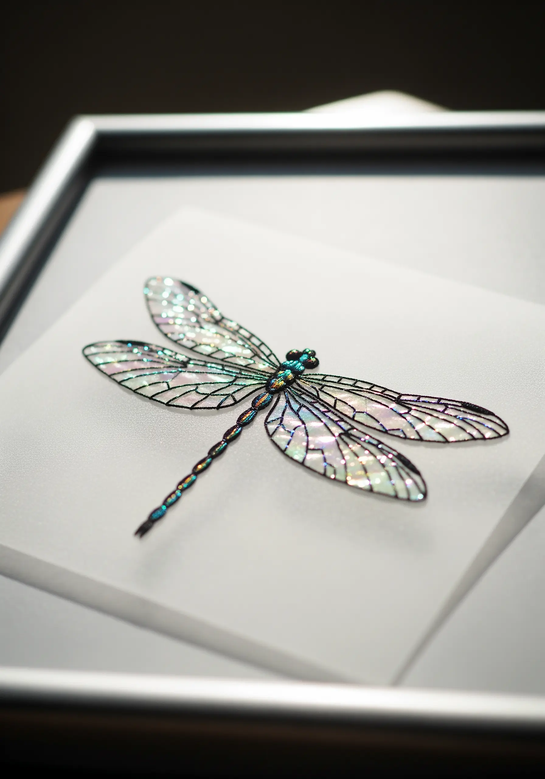 A delicate dragonfly made with iridescent film, outlined and detailed with fine black thread.