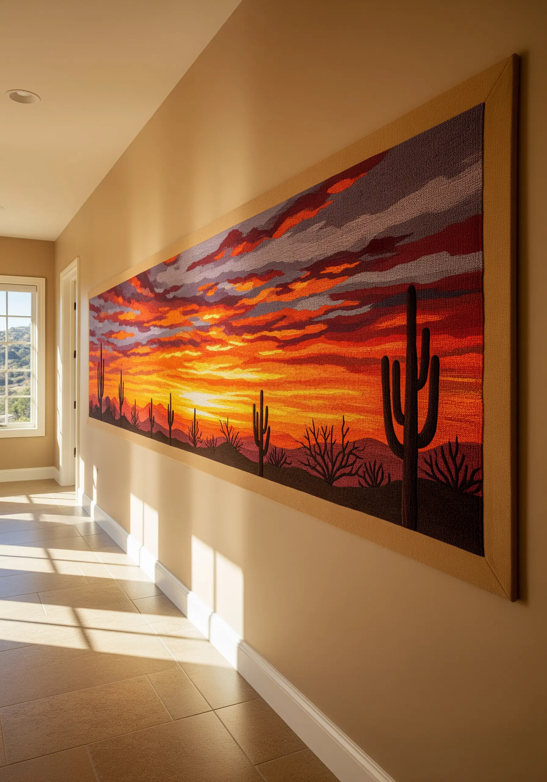 A panoramic embroidery of a desert sunset with saguaro cacti silhouettes against a fiery sky.