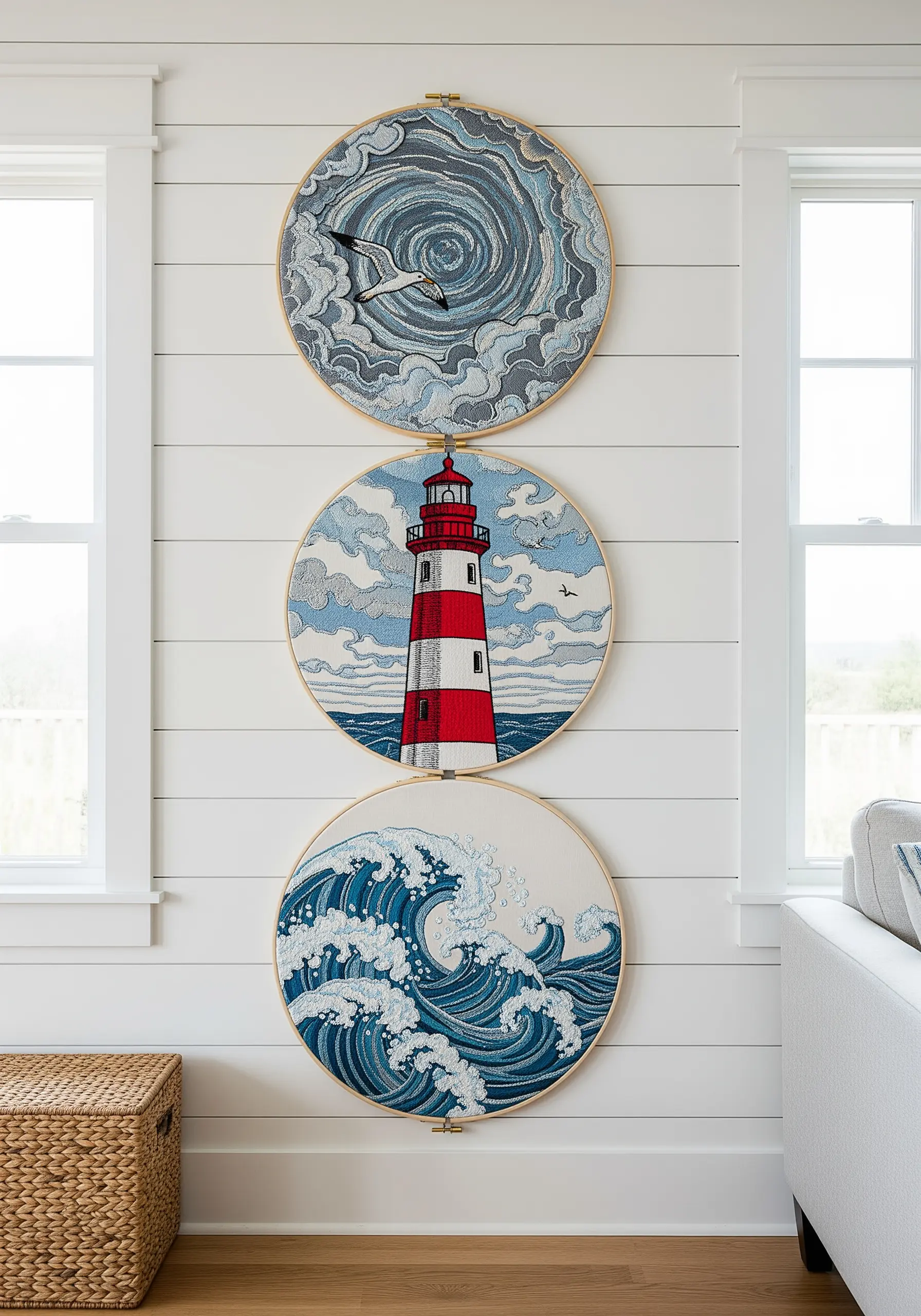A triptych of coastal-themed embroidery hoops showing a swirling sky, a lighthouse, and a wave.