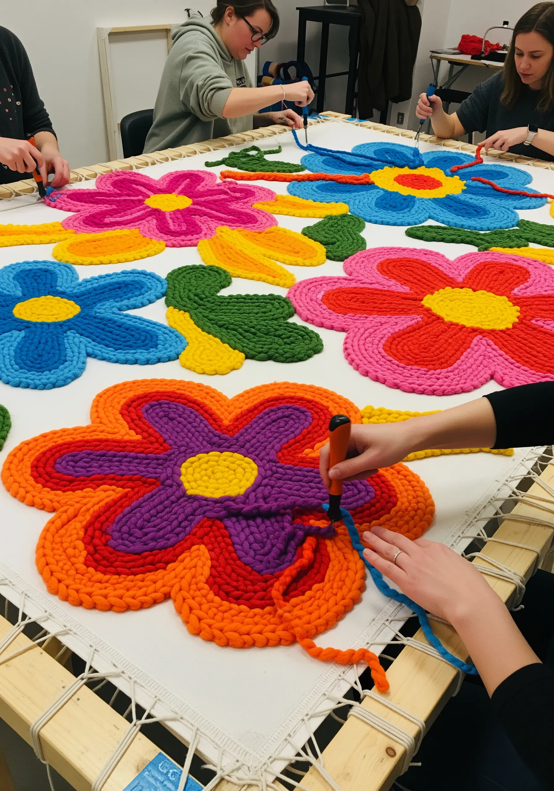 A close-up of hands using a punch needle tool to create a large, colorful floral rug hooking project.