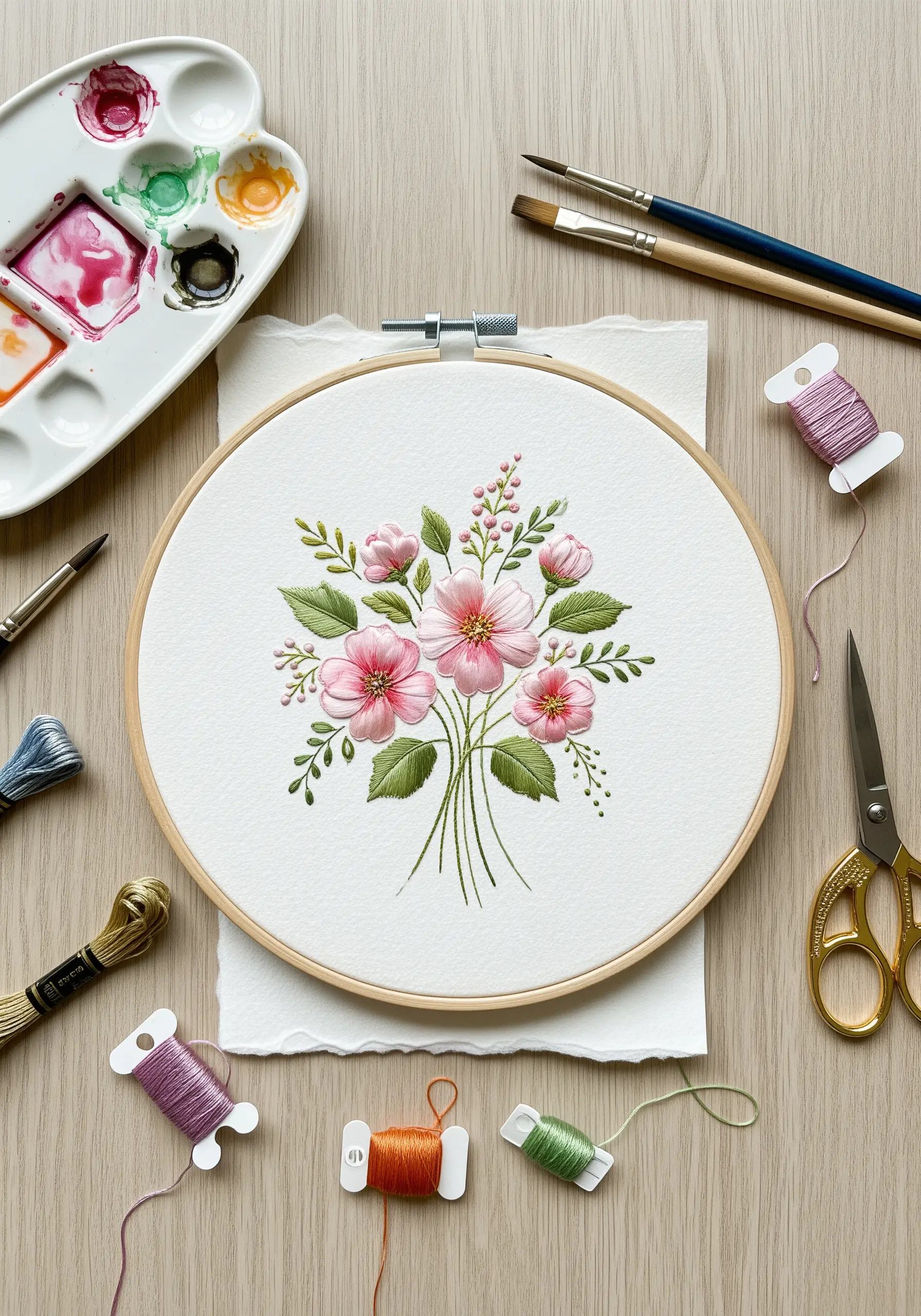 Embroidery hoop with pink and green flowers, with a watercolor palette nearby.