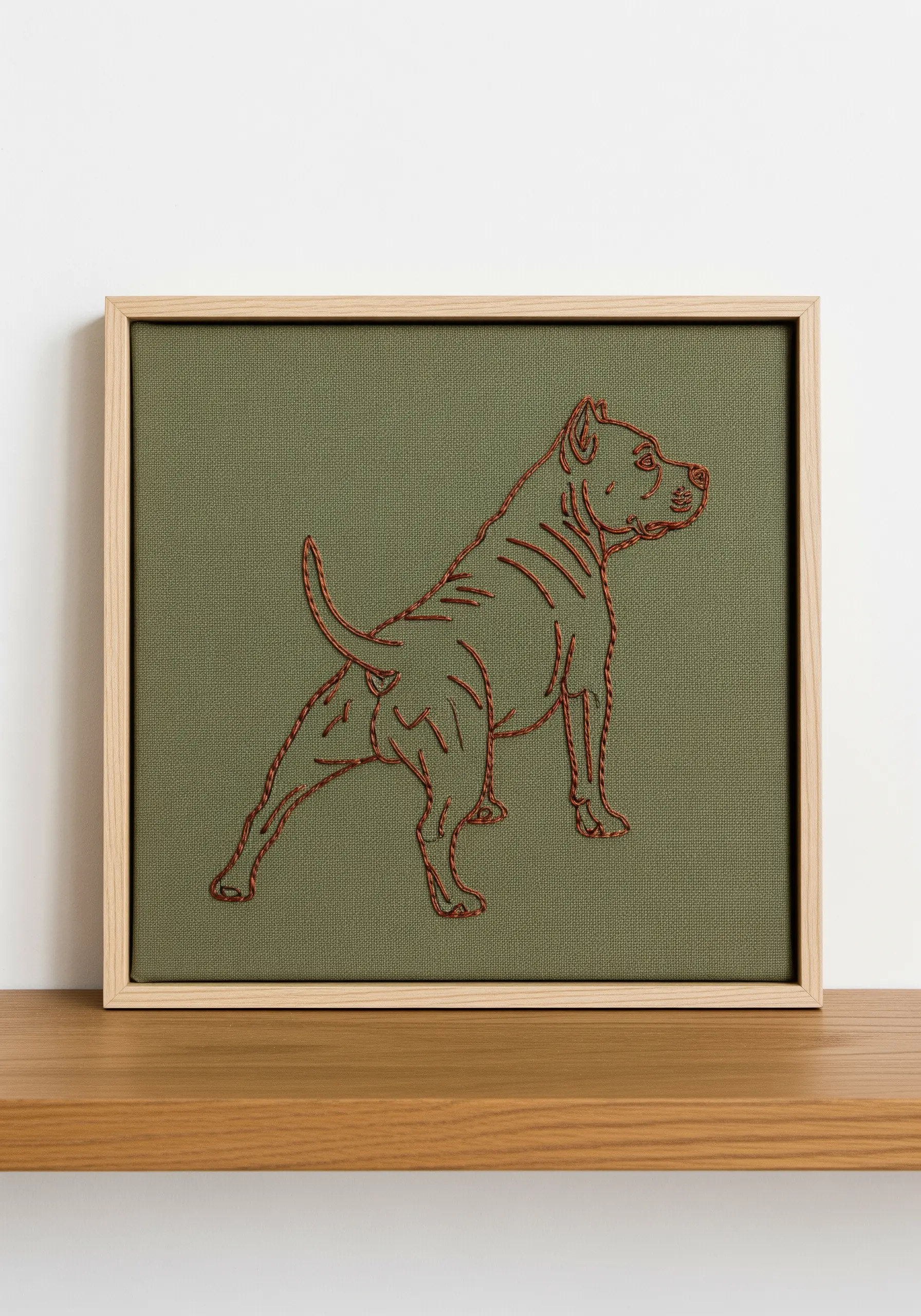 A pitbull stitched in rust-colored thread on an olive green canvas, framed in light wood.