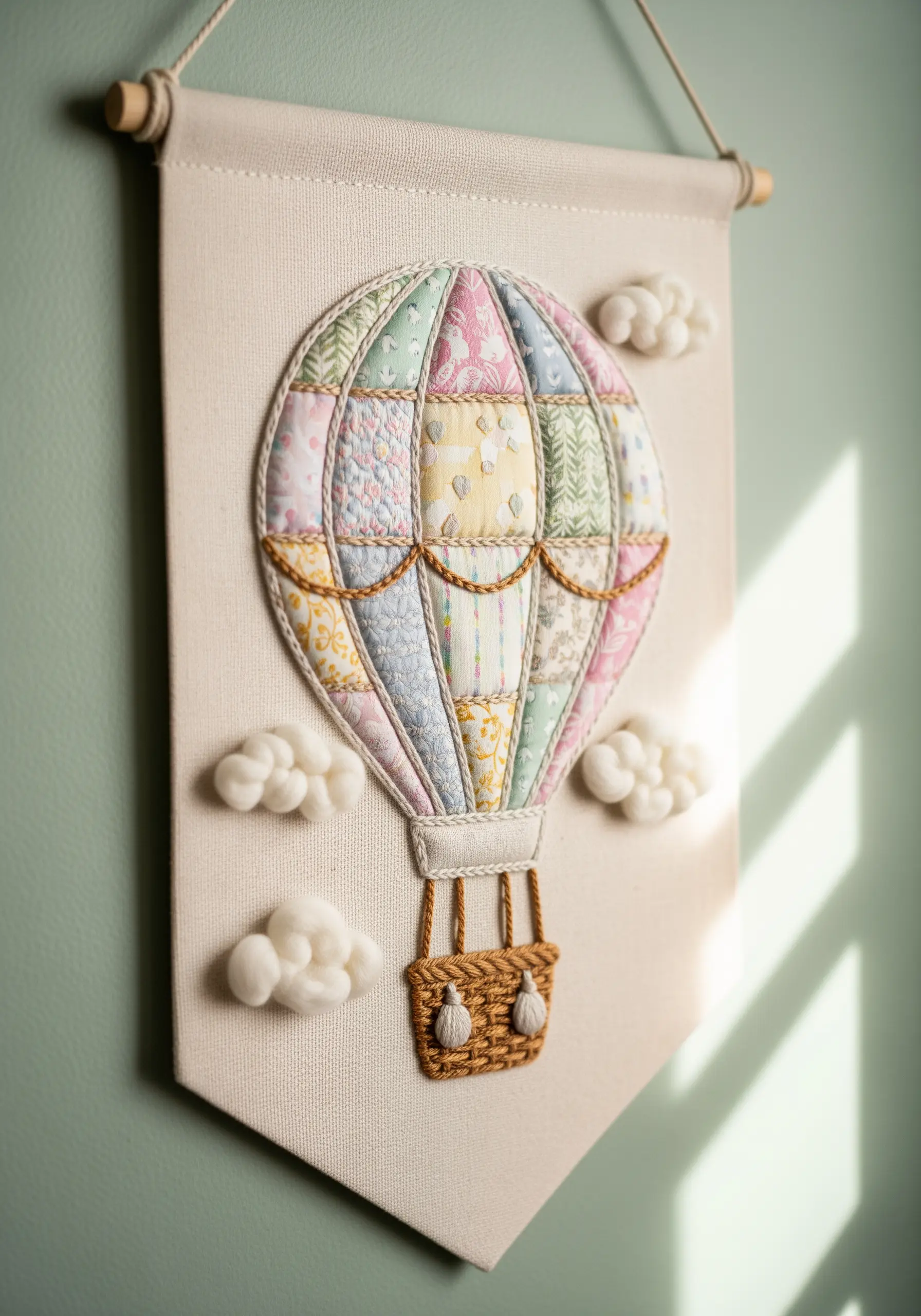 A wall hanging of a hot air balloon made from different patchwork fabric pieces, with fluffy cloud details.