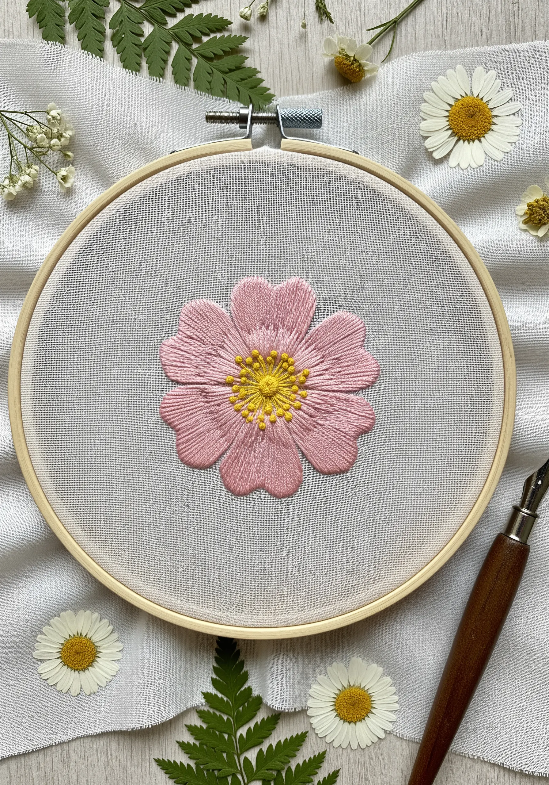 A single, simple pink wild rose with five petals stitched with fishbone stitch and a yellow French knot center.