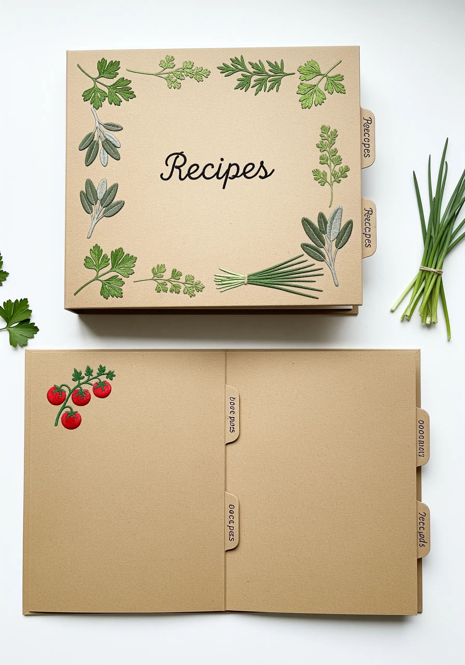 A kraft paper recipe binder with embroidered herbs like parsley and chives on the cover.