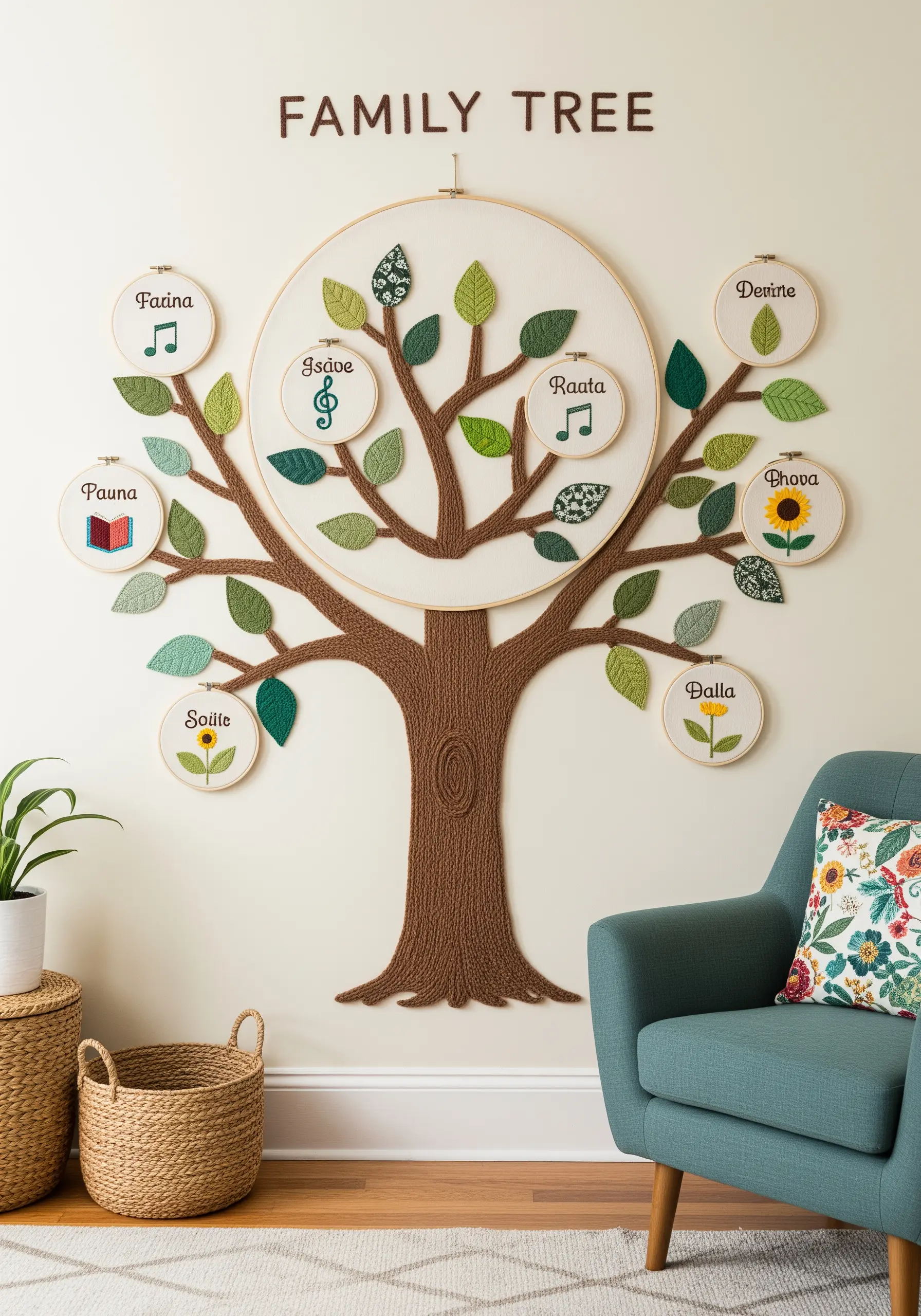A family tree embroidery mural with personalized names and symbols in smaller hoops on its branches.