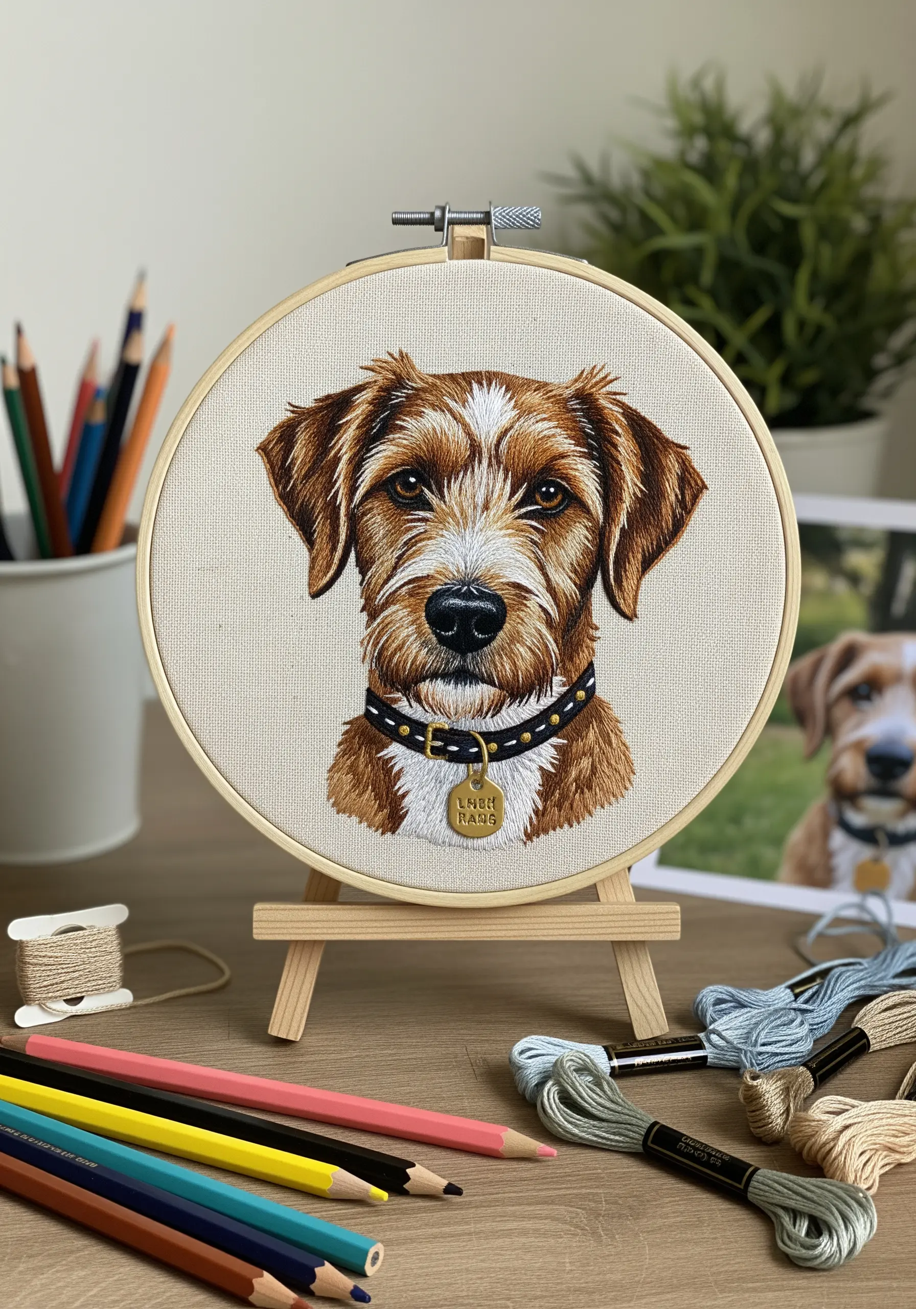 A realistic thread-painted portrait of a dog in an embroidery hoop, with a tiny physical name tag.