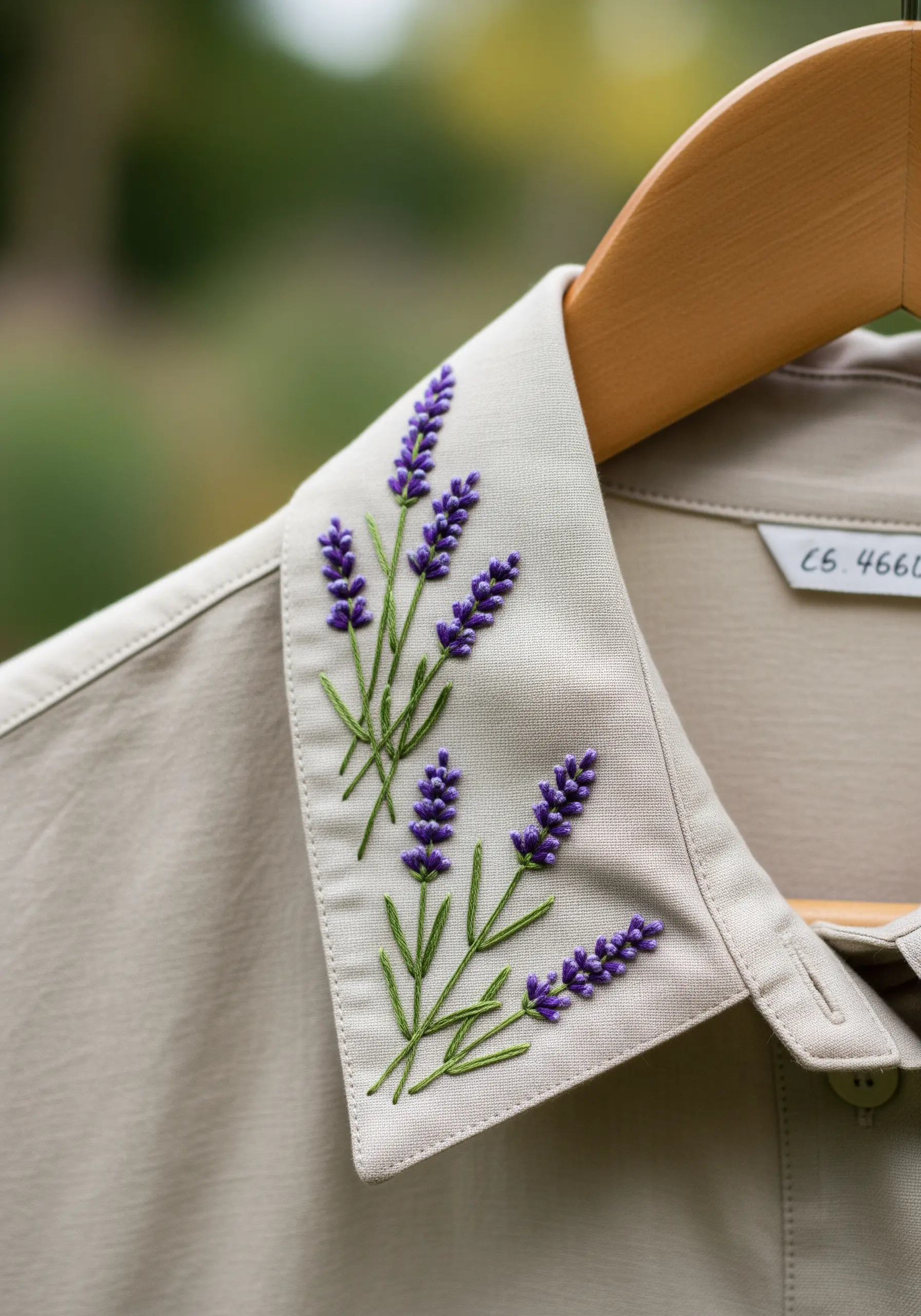 Delicate lavender sprigs embroidered asymmetrically on a shirt collar.