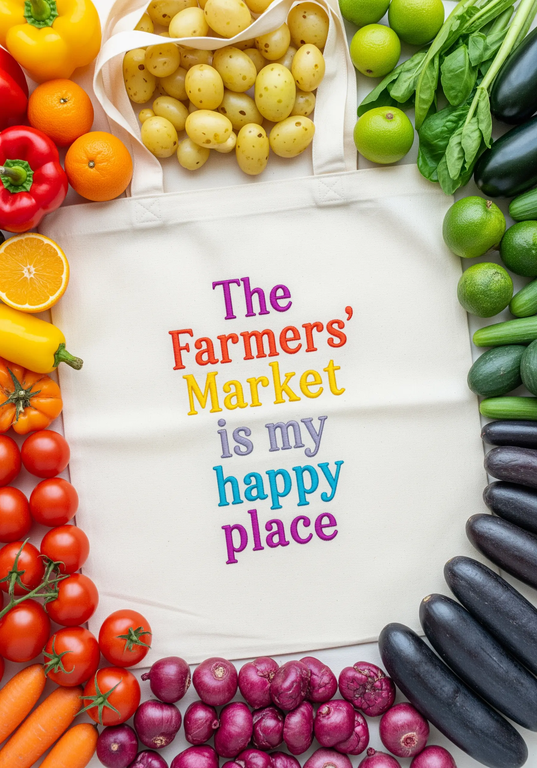 Canvas tote with 'The Farmers' Market is my happy place' in rainbow-colored letters.