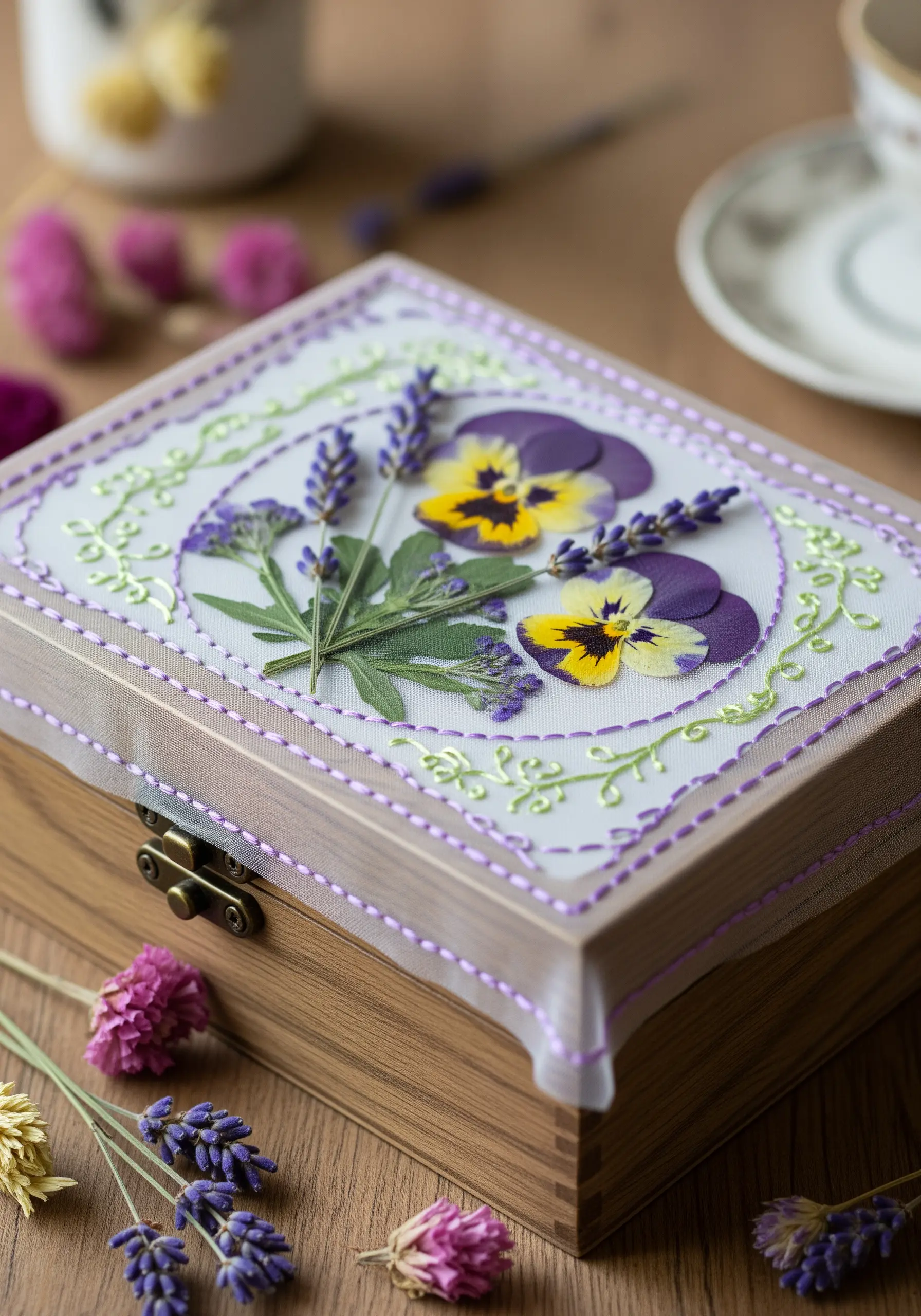 A wooden box lid decorated with pressed pansies and lavender under a sheer, embroidered fabric.