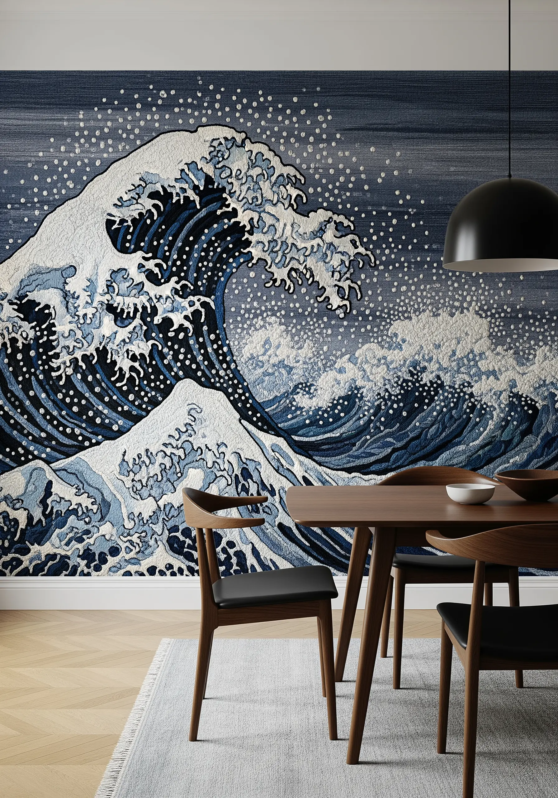 An embroidery mural recreating Hokusai's 