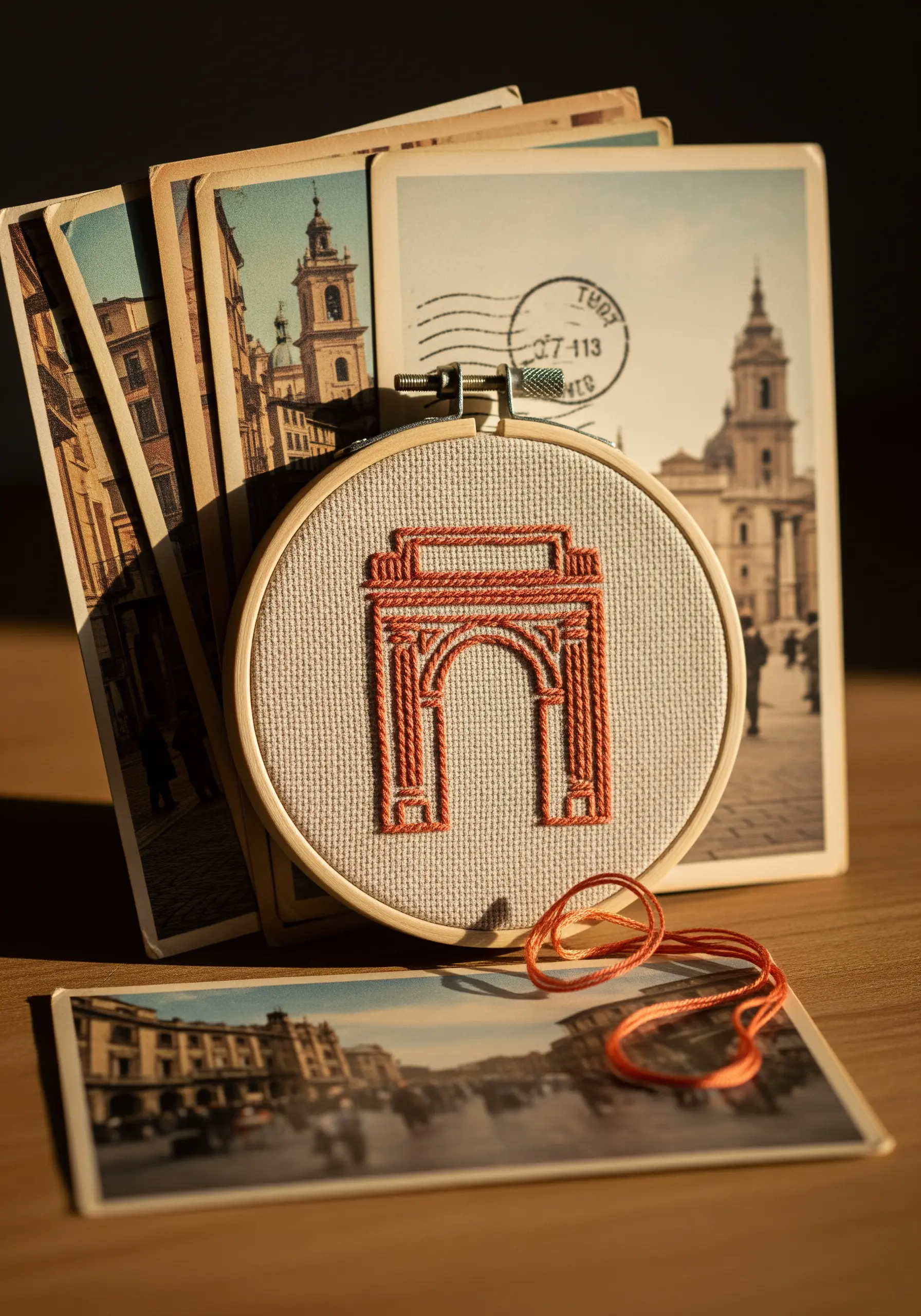 An architectural arch stitched with a heavy, textured outline stitch.