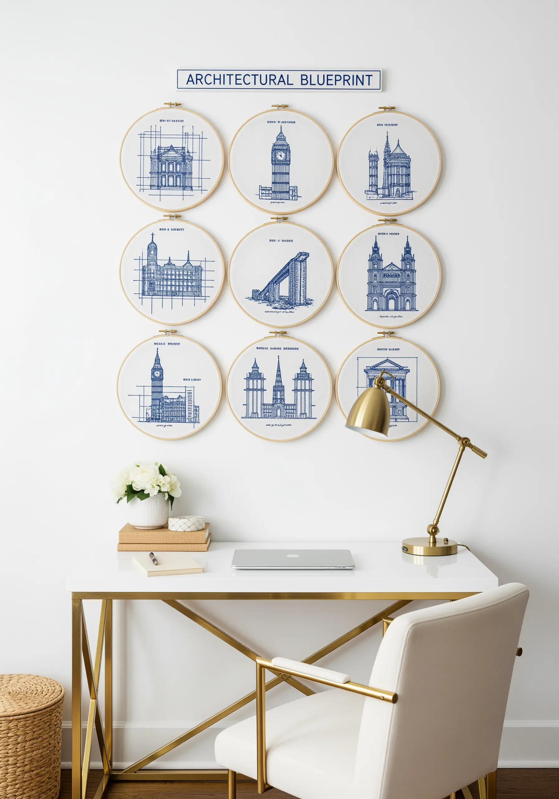A nine-hoop grid of embroidered architectural blueprints in blue thread on white fabric.