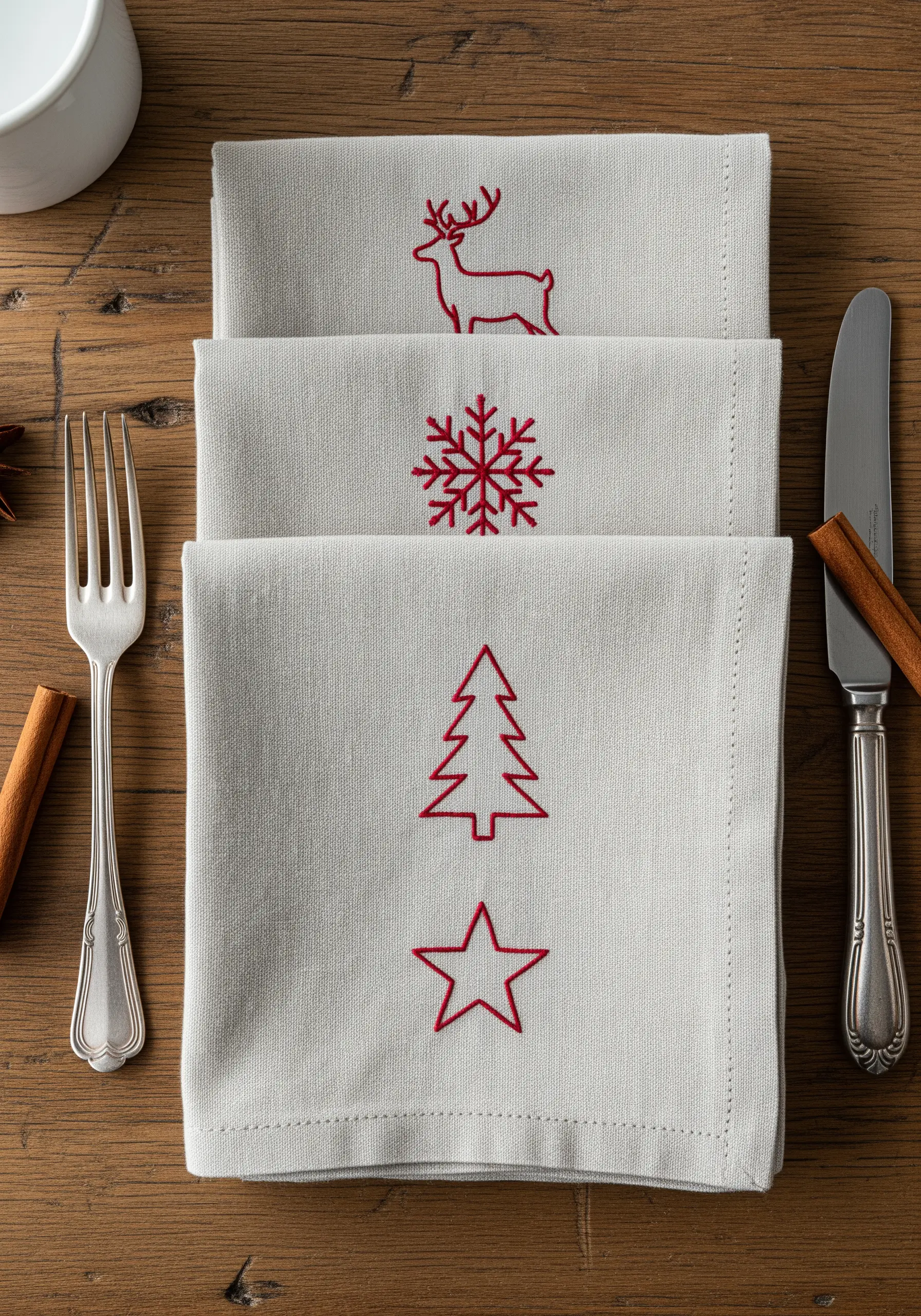 Three folded linen napkins, each with a single red embroidered holiday icon: a deer, a snowflake, a tree.