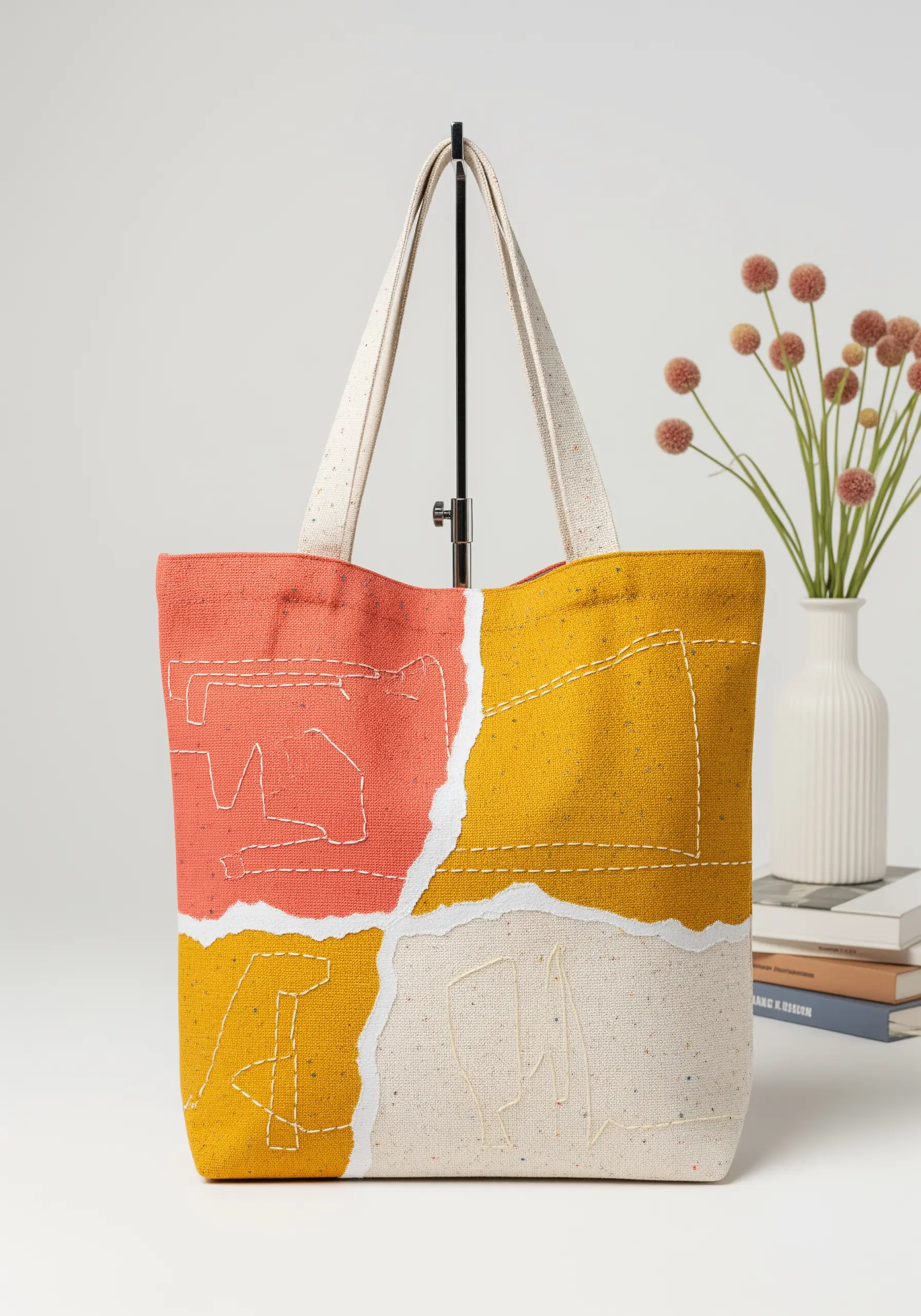Torn-edge fabric appliqué in coral and yellow on a tote, with minimal line stitching.