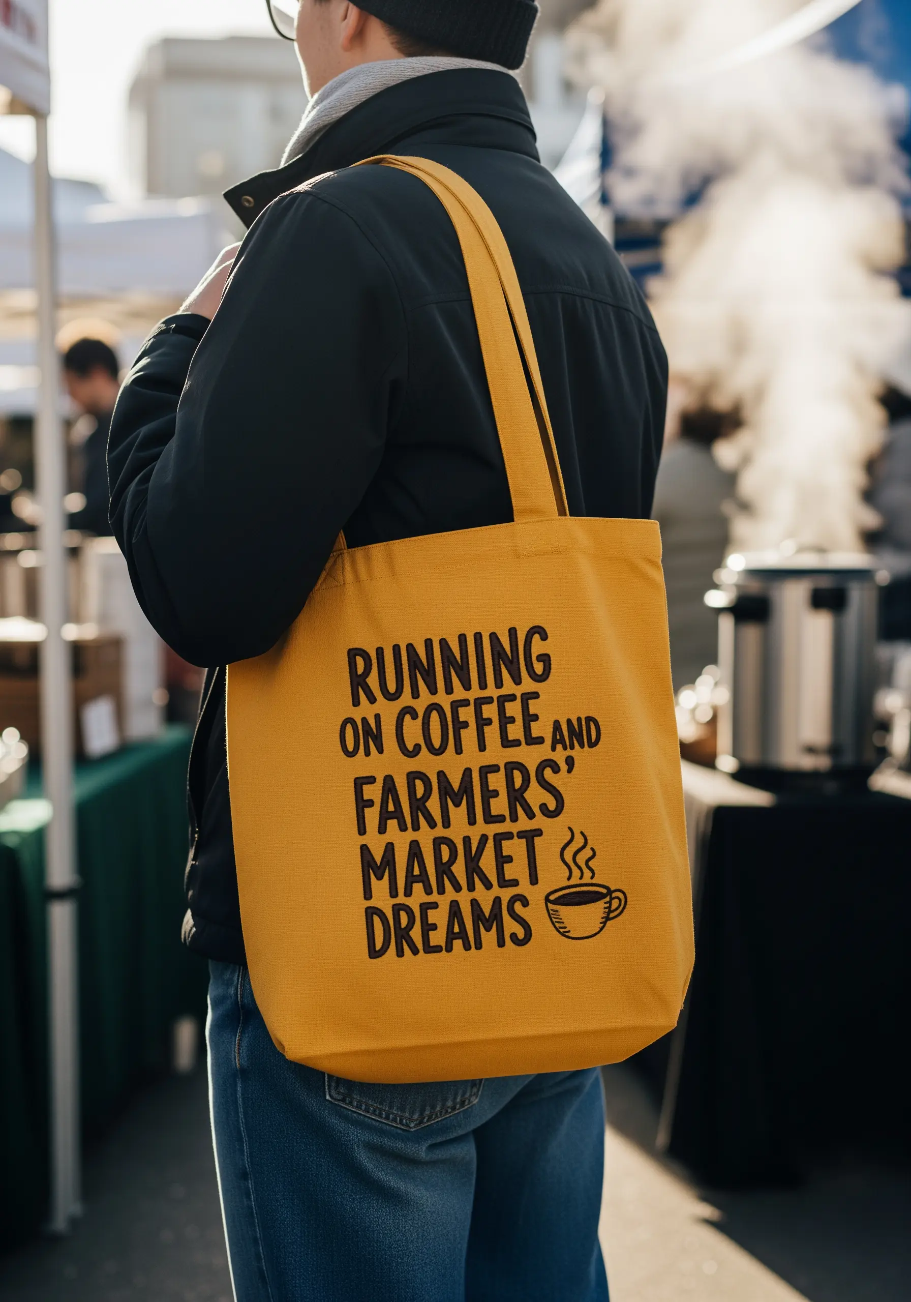 Yellow tote bag with a quirky, handwritten-style embroidered quote about coffee and markets.