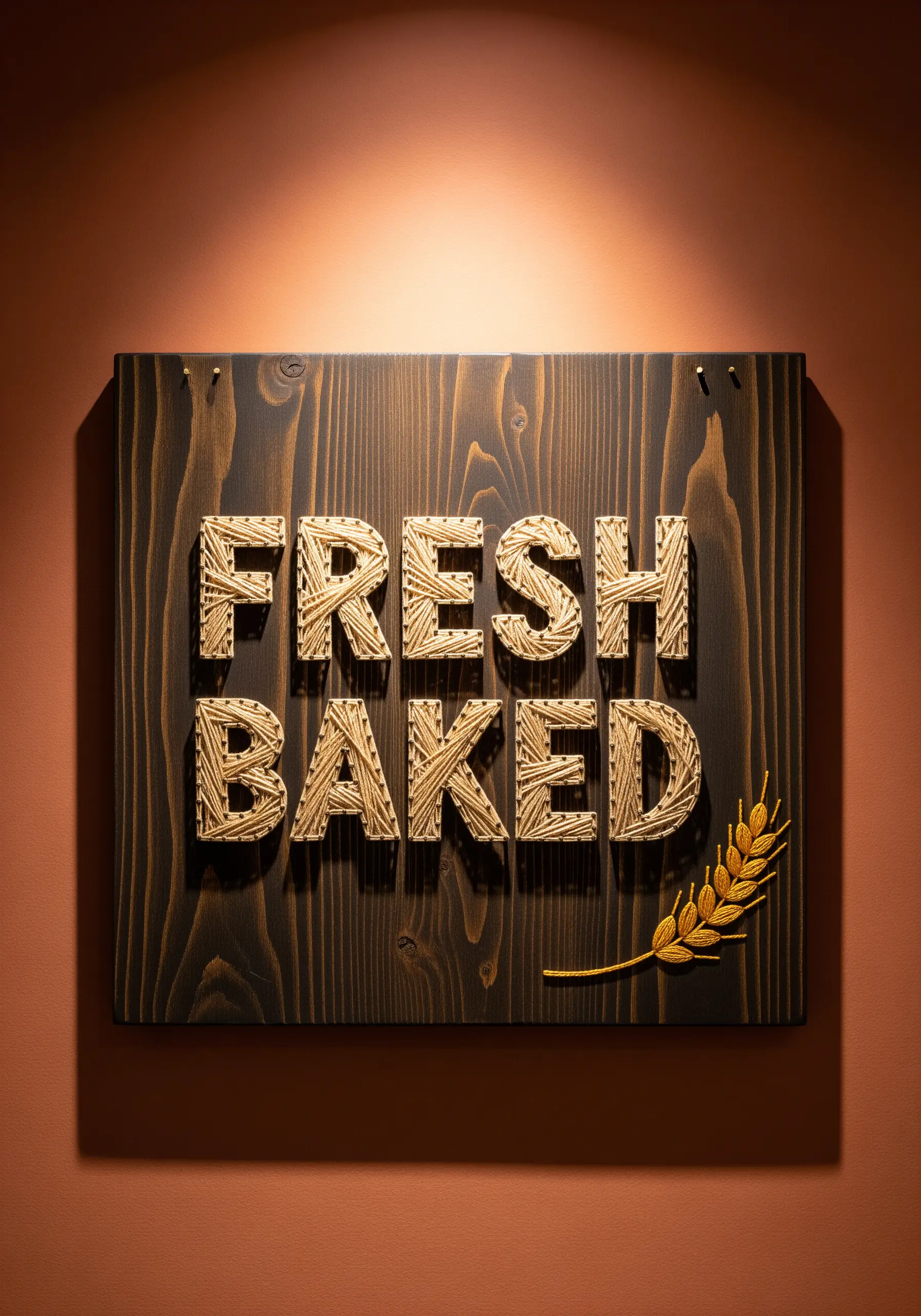 Textured 'Fresh Baked' lettering using crisscrossing stitches, next to an embroidered wheat stalk.