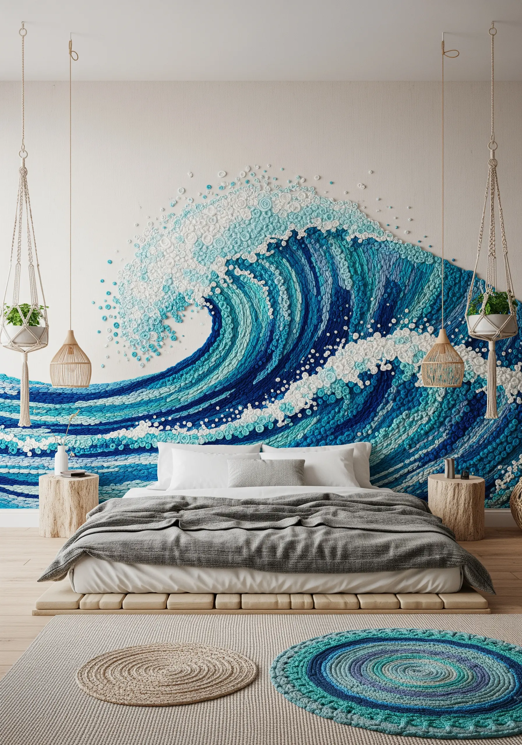 A highly textured 3D embroidery mural of a crashing ocean wave above a bed.