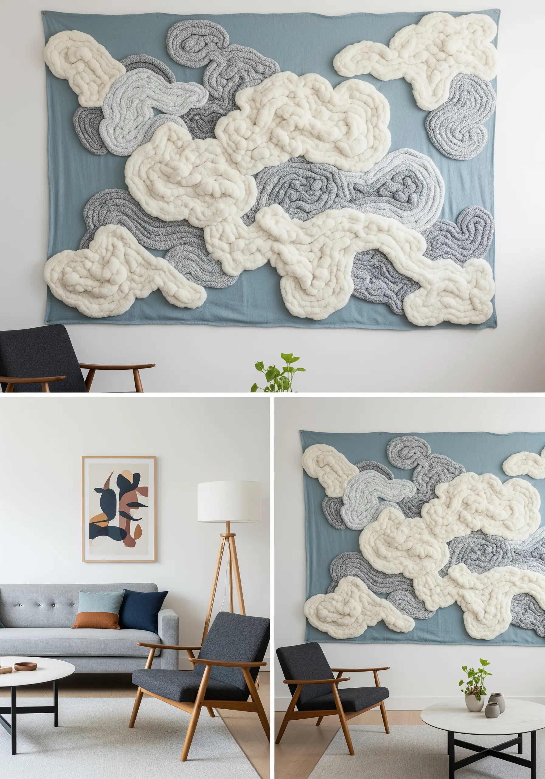 A large wall hanging with highly textured, 3D clouds made from chunky white and grey yarn.