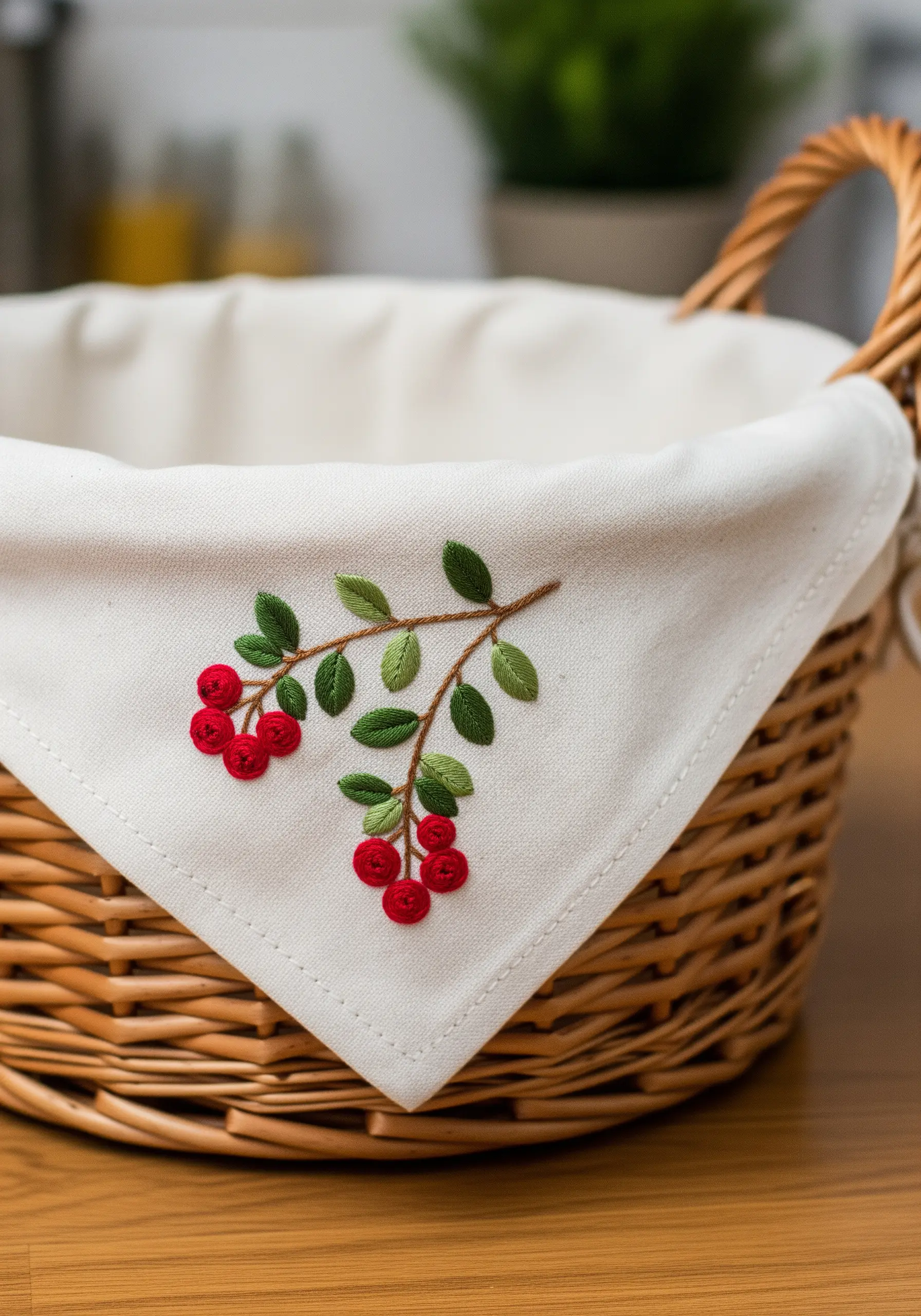 A branch of lingonberries embroidered on a basket liner, with plump red bullion knot berries.