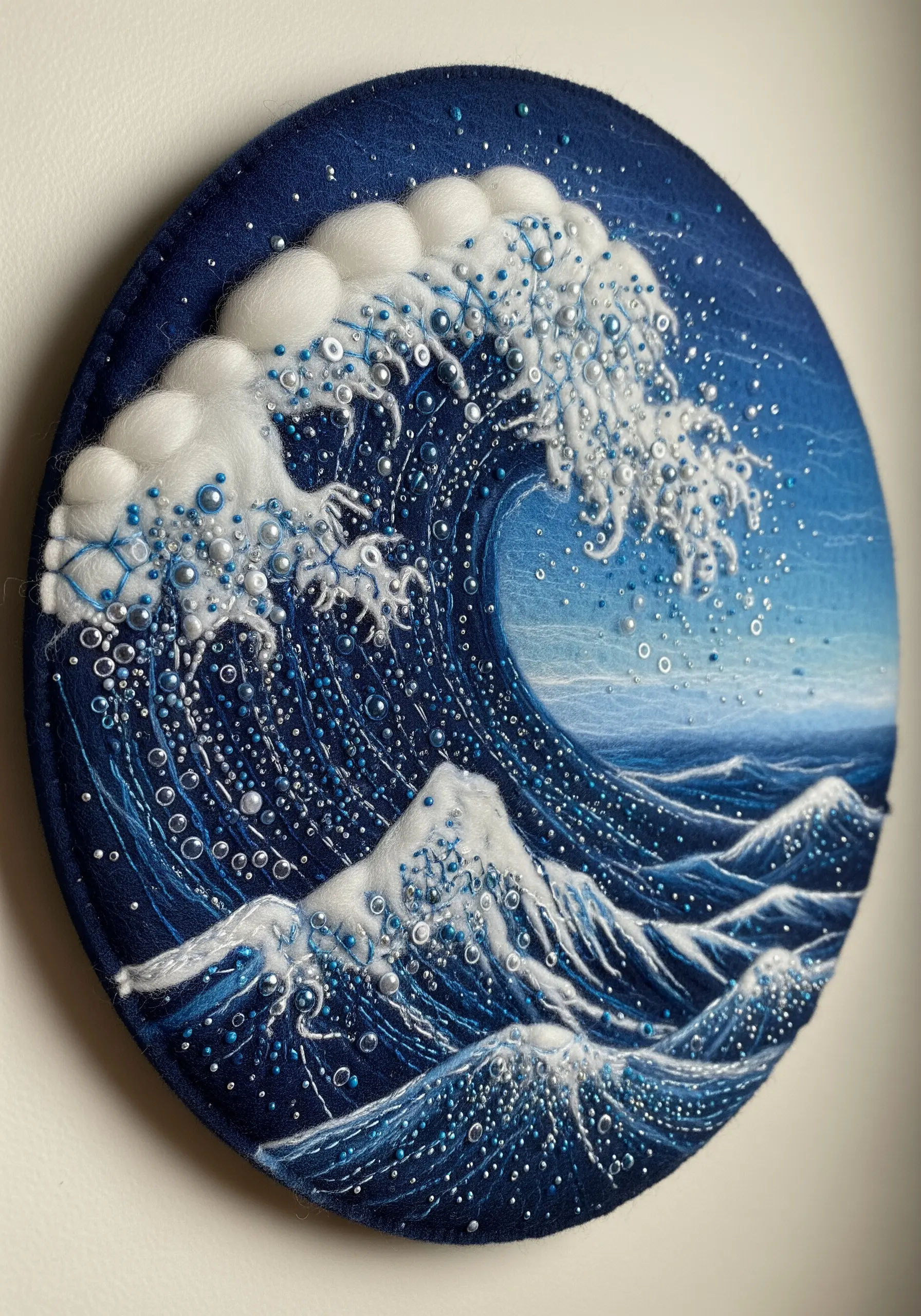 An embroidered ocean wave with needle-felted wool for the foam and scattered beads for spray.