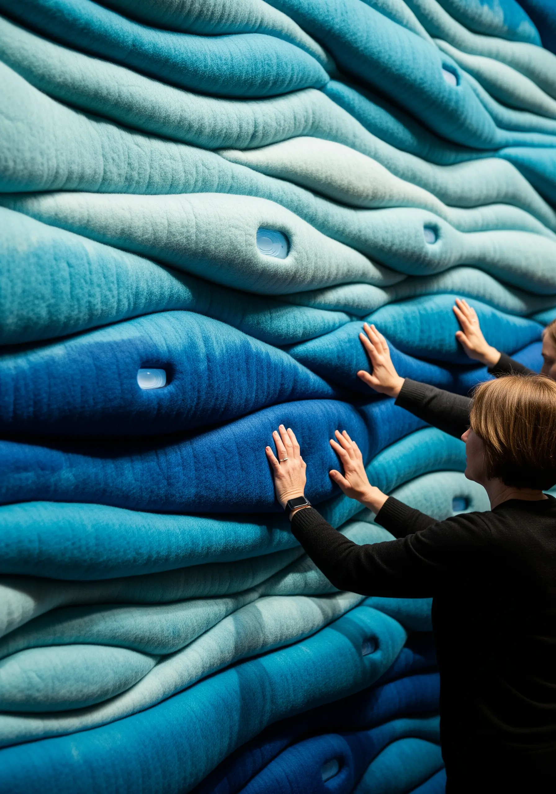 A close-up of a hand touching a large, blue, wavy wall made of soft felted wool.
