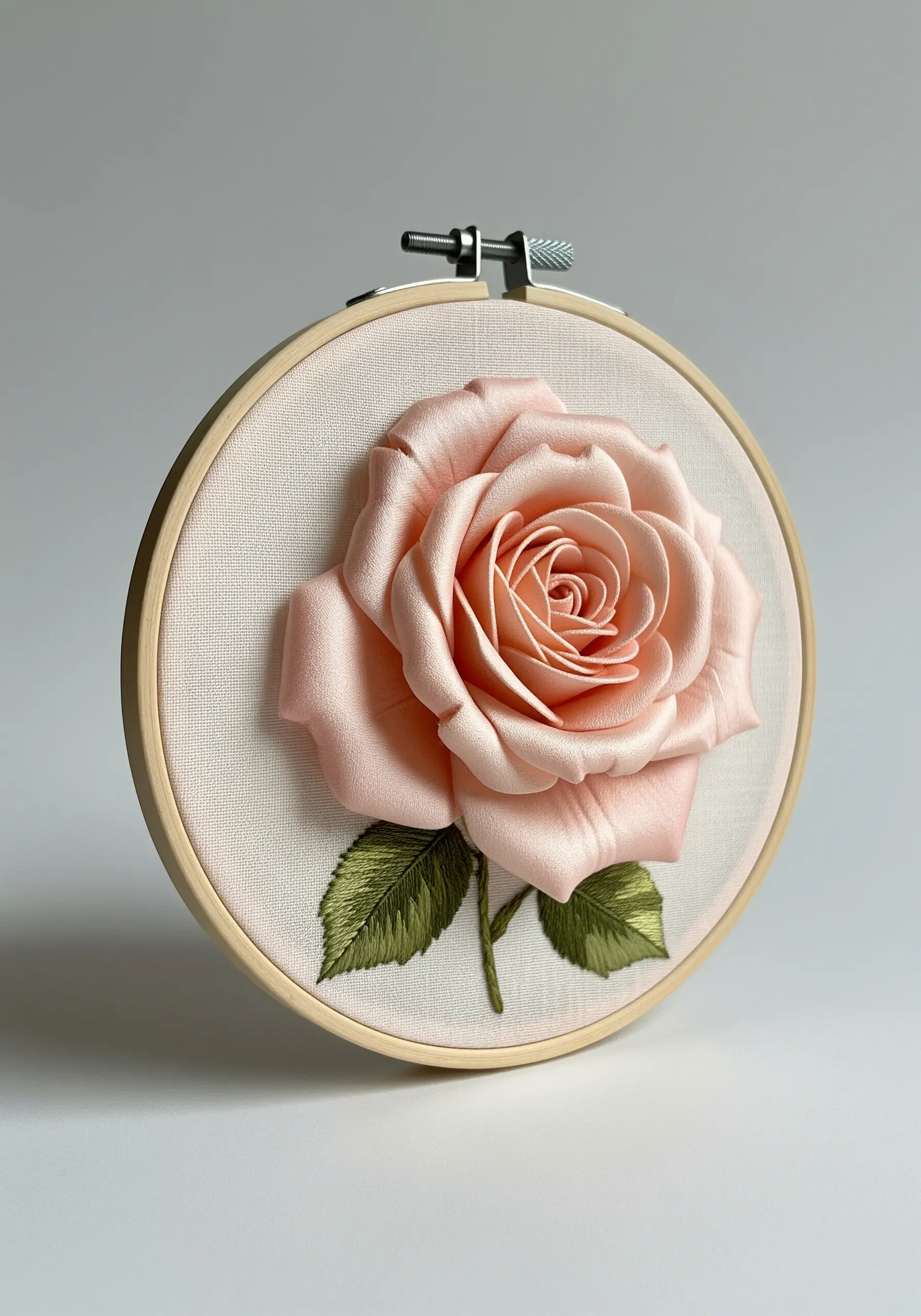 A three-dimensional pale pink rose created with wide silk ribbon on light pink fabric.
