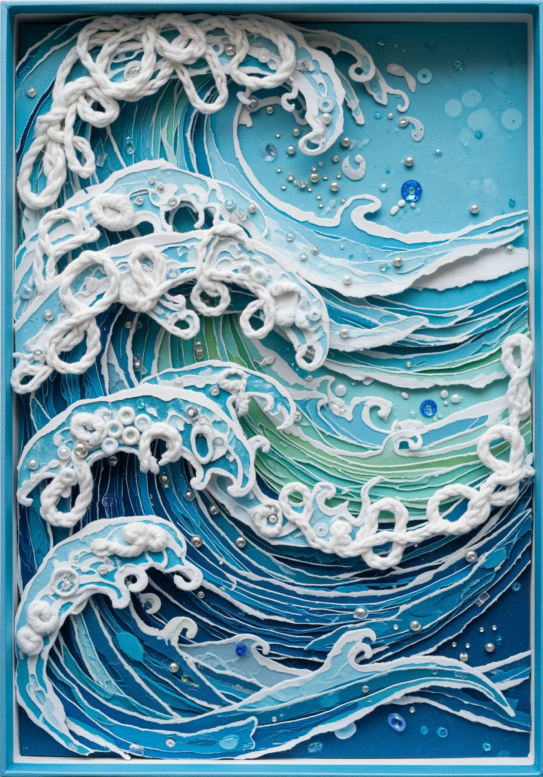 A mixed-media ocean wave scene with layered paper, couched white yarn for foam, and beads.