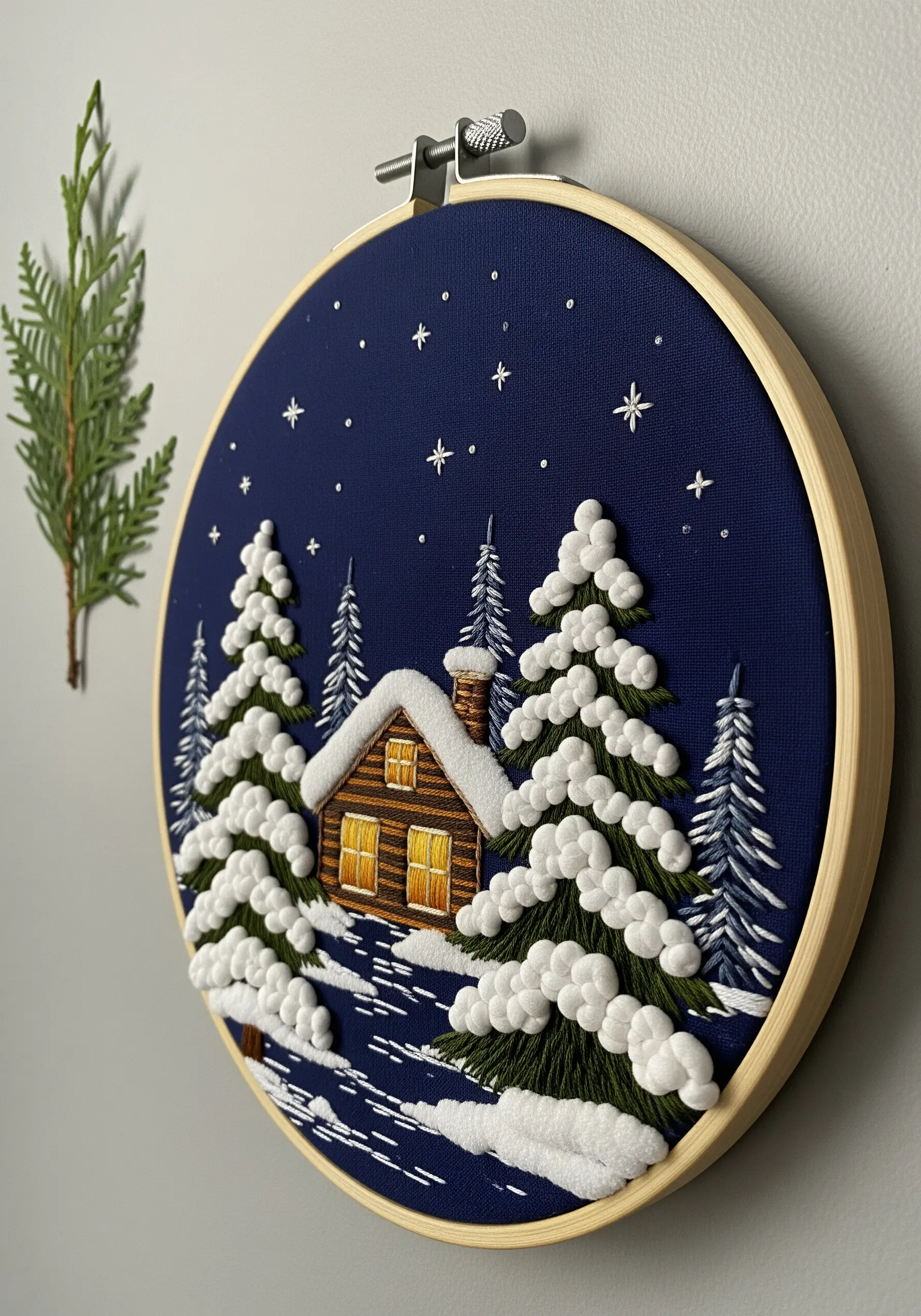 Embroidery hoop art of a snowy cabin scene with raised, 3D snow on the trees and roof.
