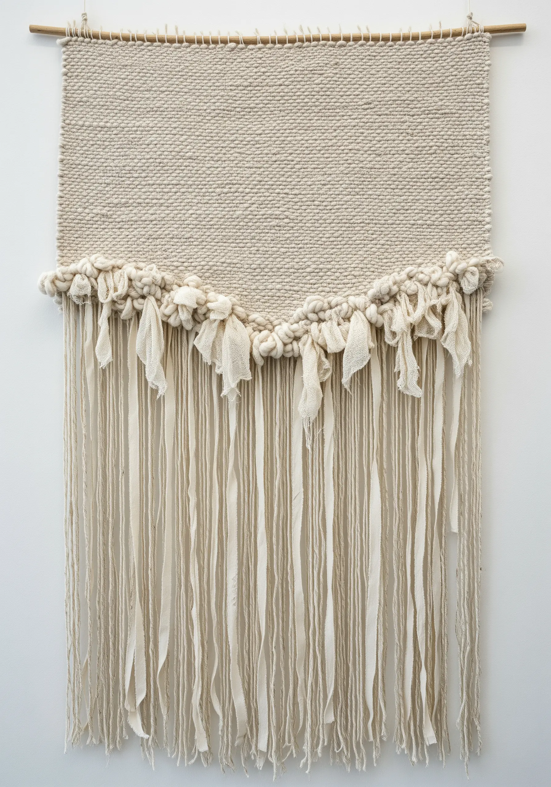A neutral-toned woven wall hanging with a deep fringe made of yarn and torn fabric strips.