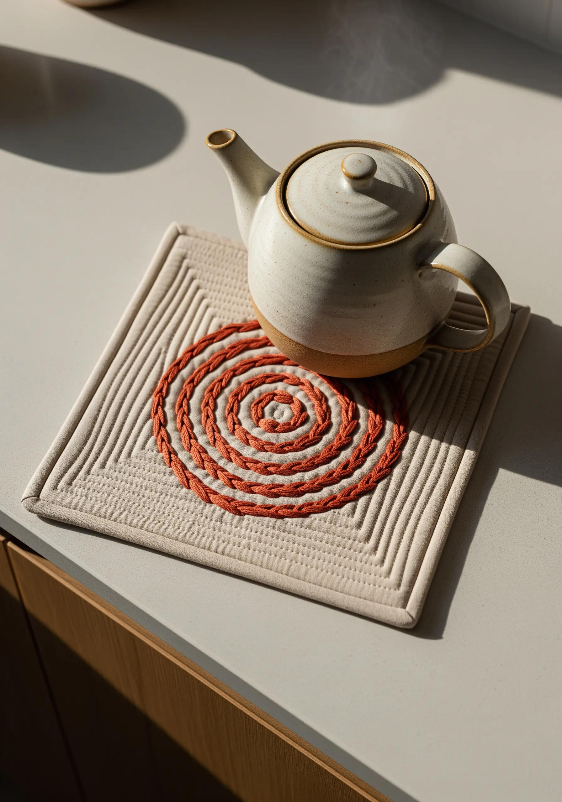A quilted pot holder with a raised spiral design in terra-cotta colored yarn stitched onto it.