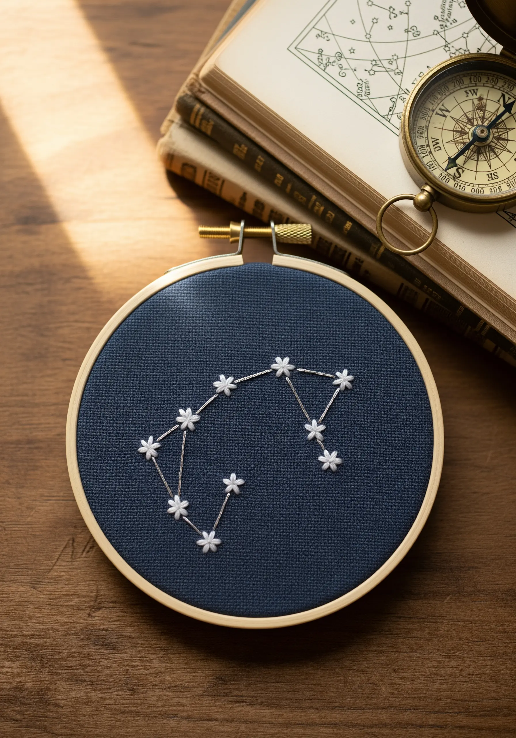 An embroidered constellation on dark blue fabric, where stars are tiny white lazy-daisy flowers.