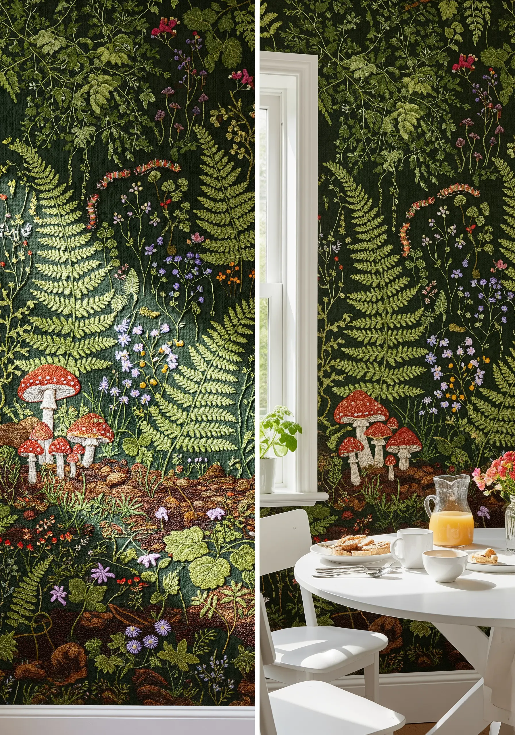 A highly detailed embroidery mural of a forest floor with ferns, mushrooms, and tiny wildflowers.