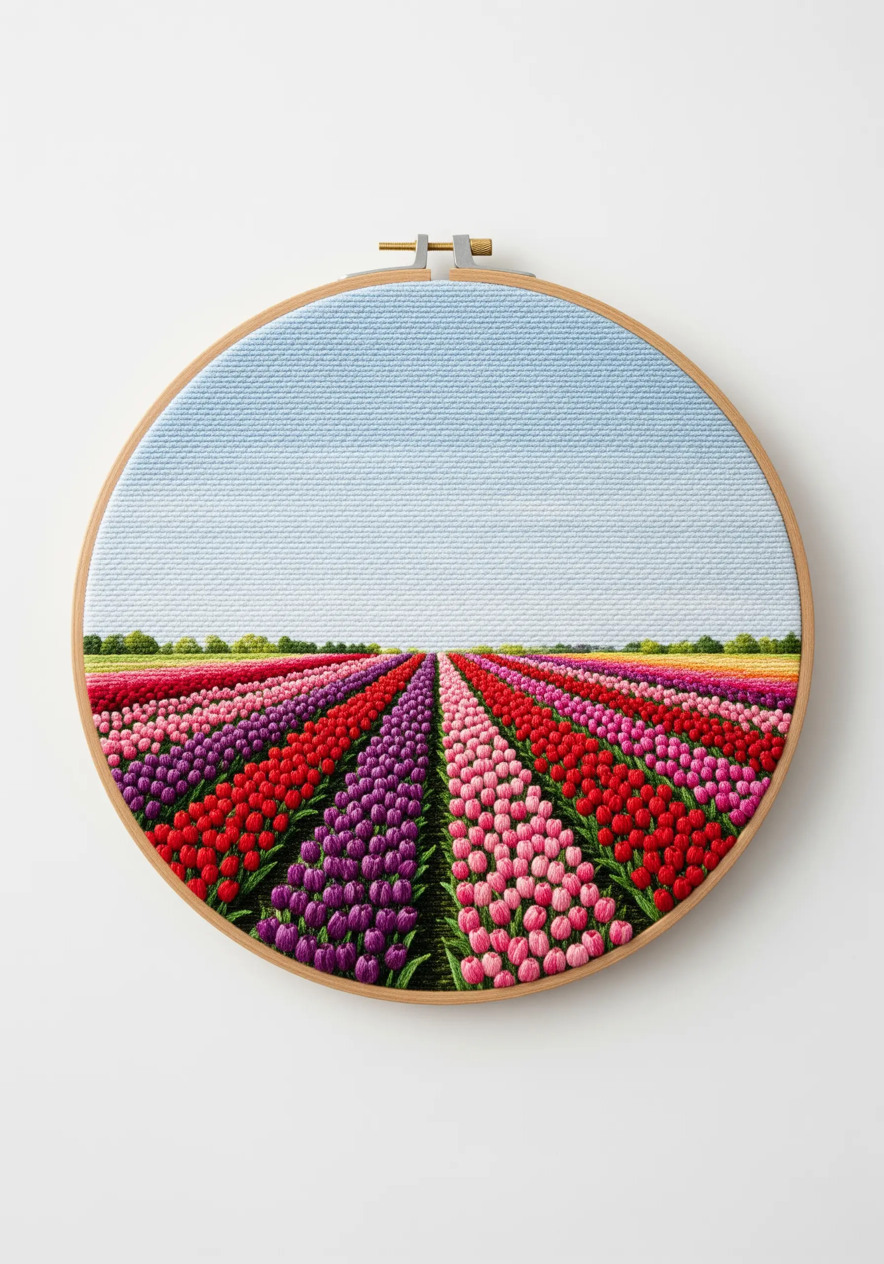 An embroidered landscape of a Dutch tulip field with rows of colorful flowers creating perspective.