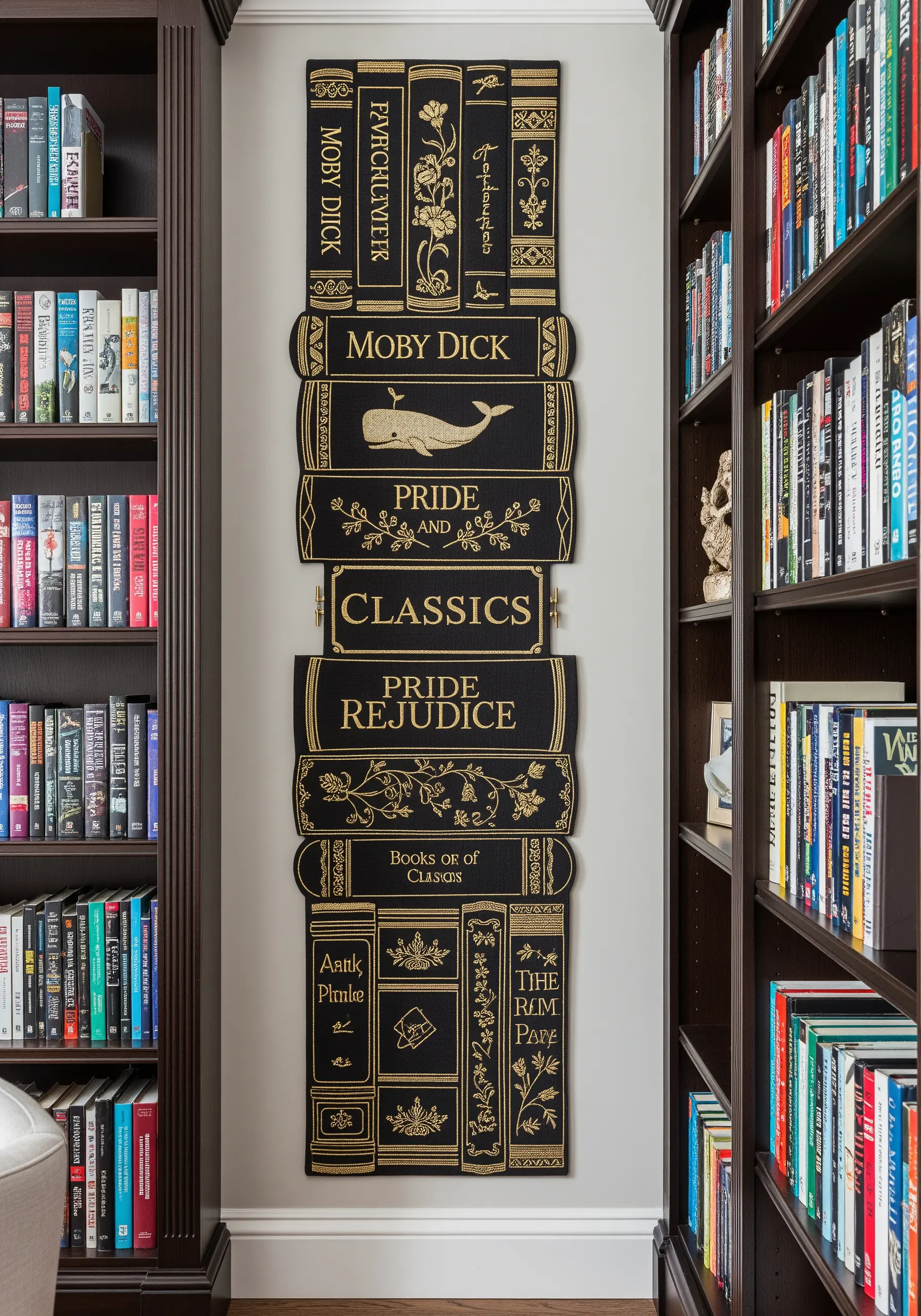 A wall mural composed of embroidered classic book spines in black and gold thread.