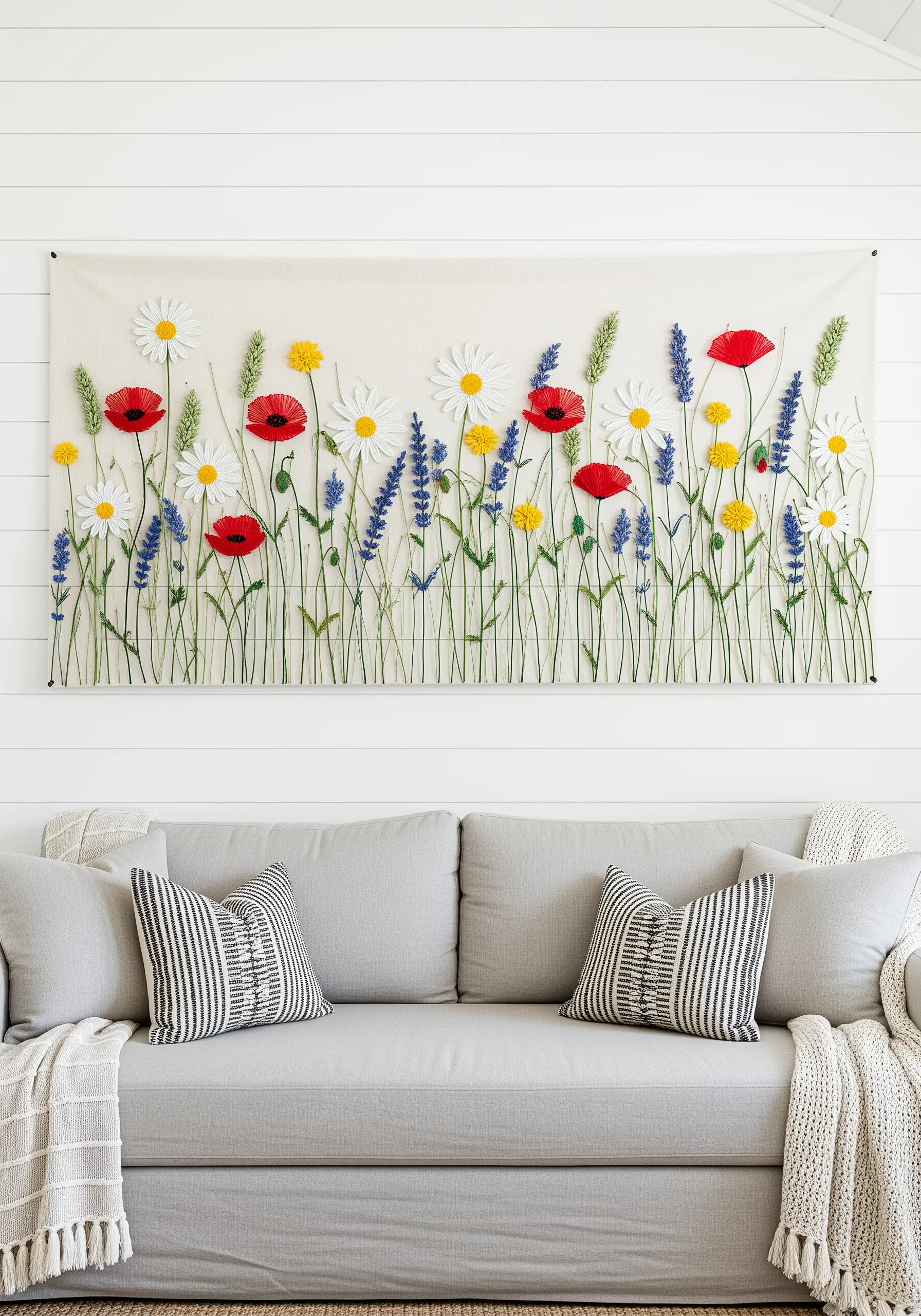 A panoramic string art panel of a wildflower meadow with poppies, daisies, and lavender.