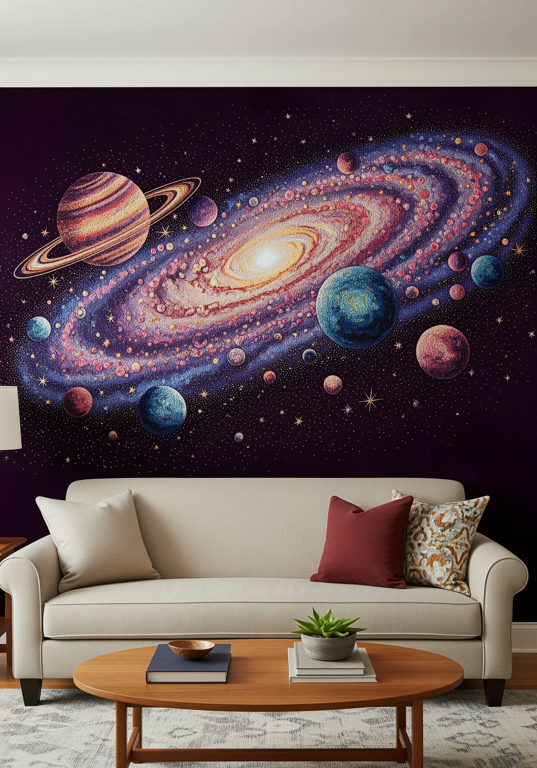 An embroidered galaxy mural made with pointillist-style French knots in vibrant cosmic colors.