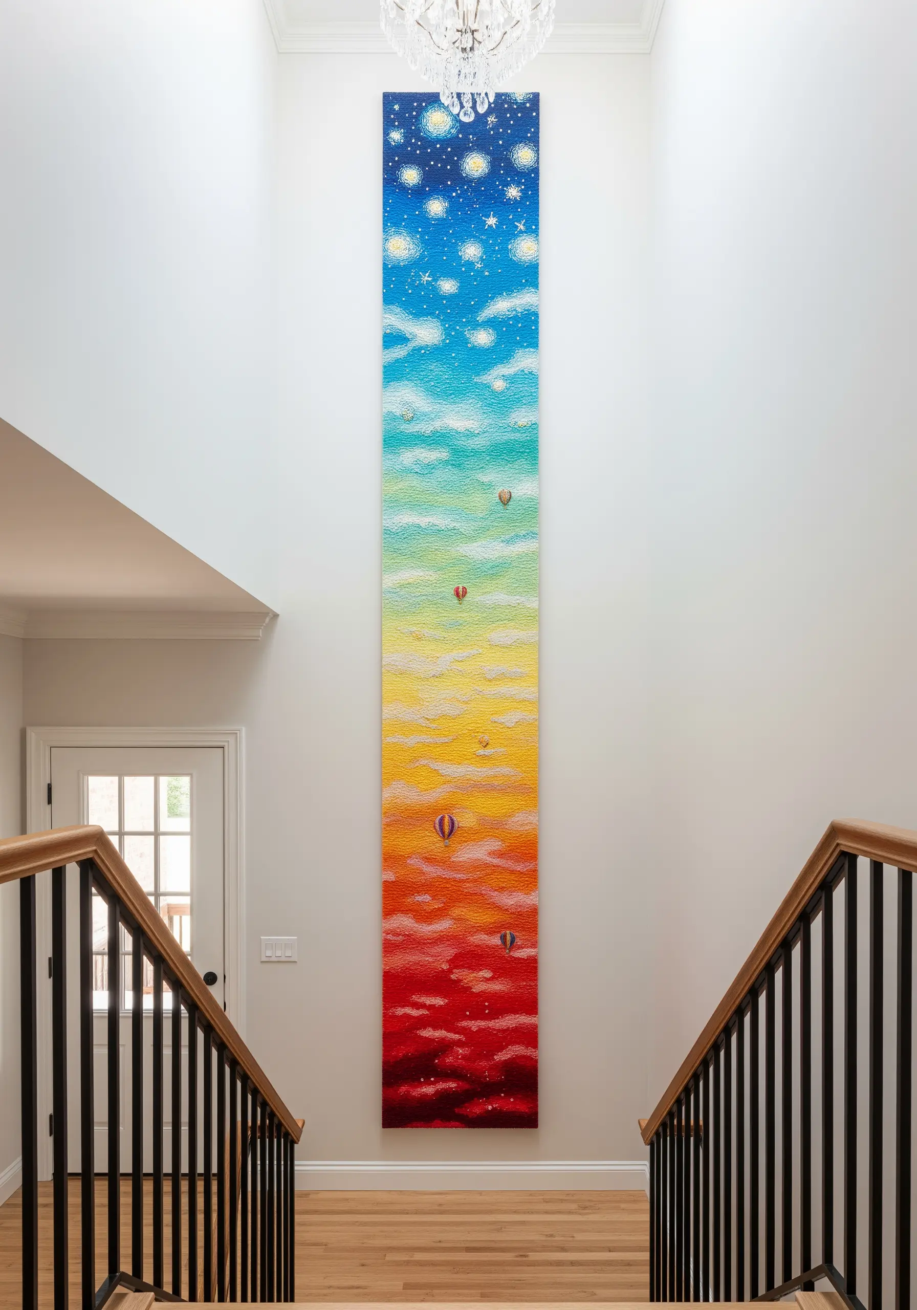 A very tall, narrow embroidery tapestry showing a gradient sky from sunset to stars in a stairwell.